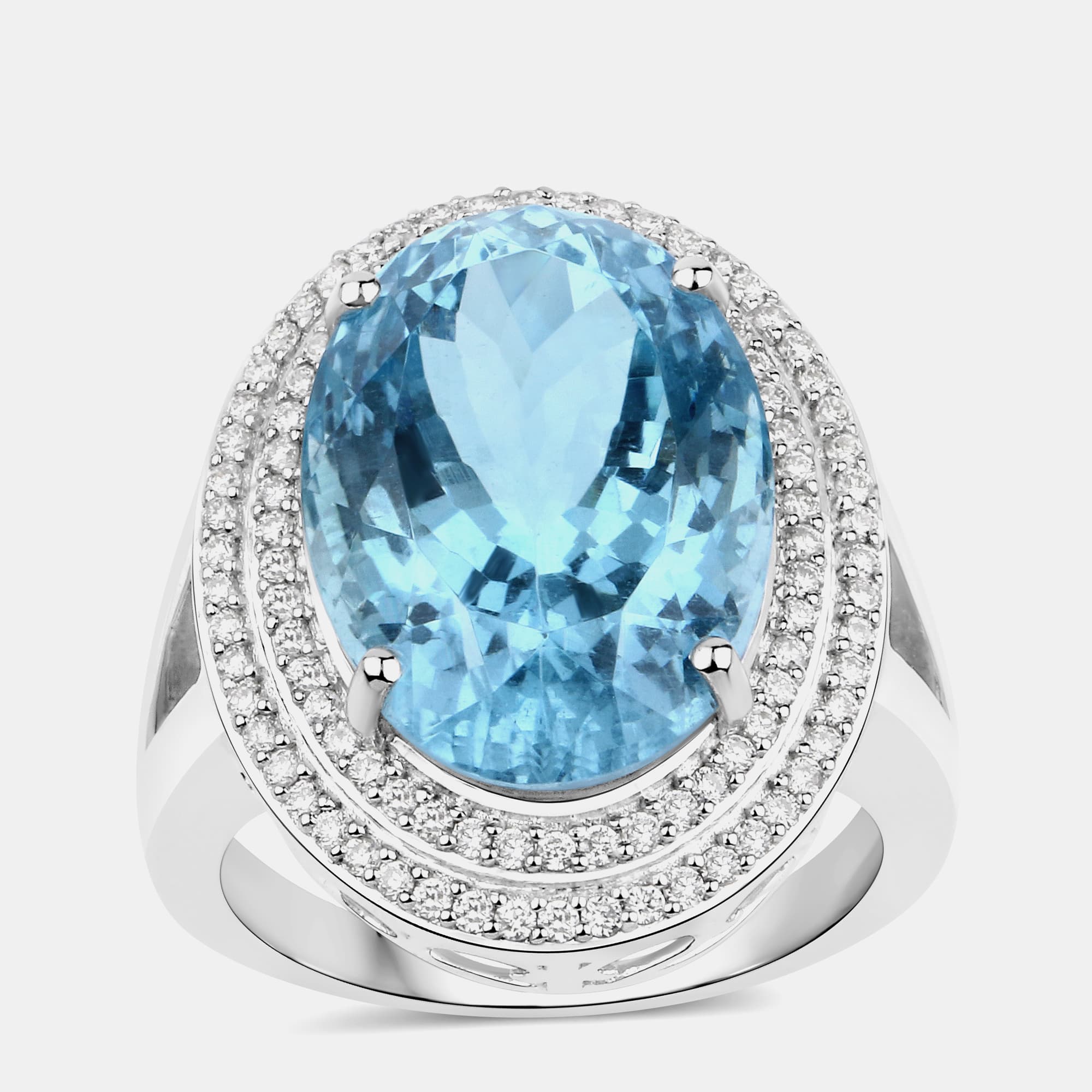 12.44 cts Aquamarine and Diamond 14K White Gold Halo Ring US Size 7