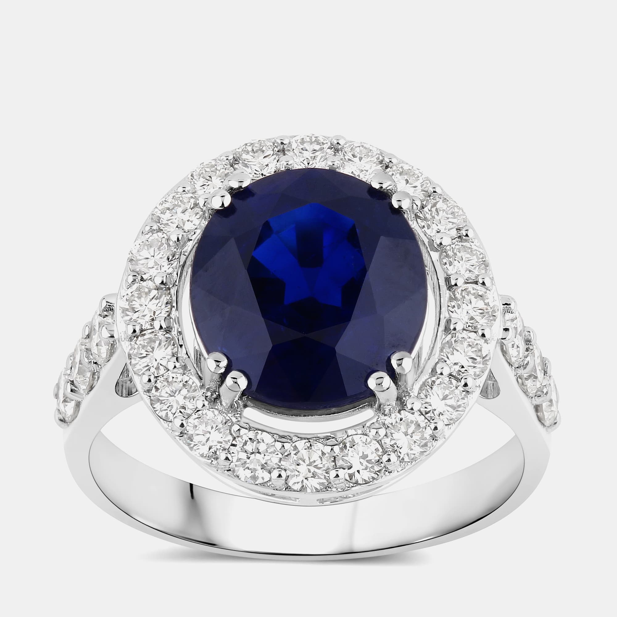 4.74 cts Ceylon Blue Sapphire and Diamond 18K White Gold Halo Ring US Size 7