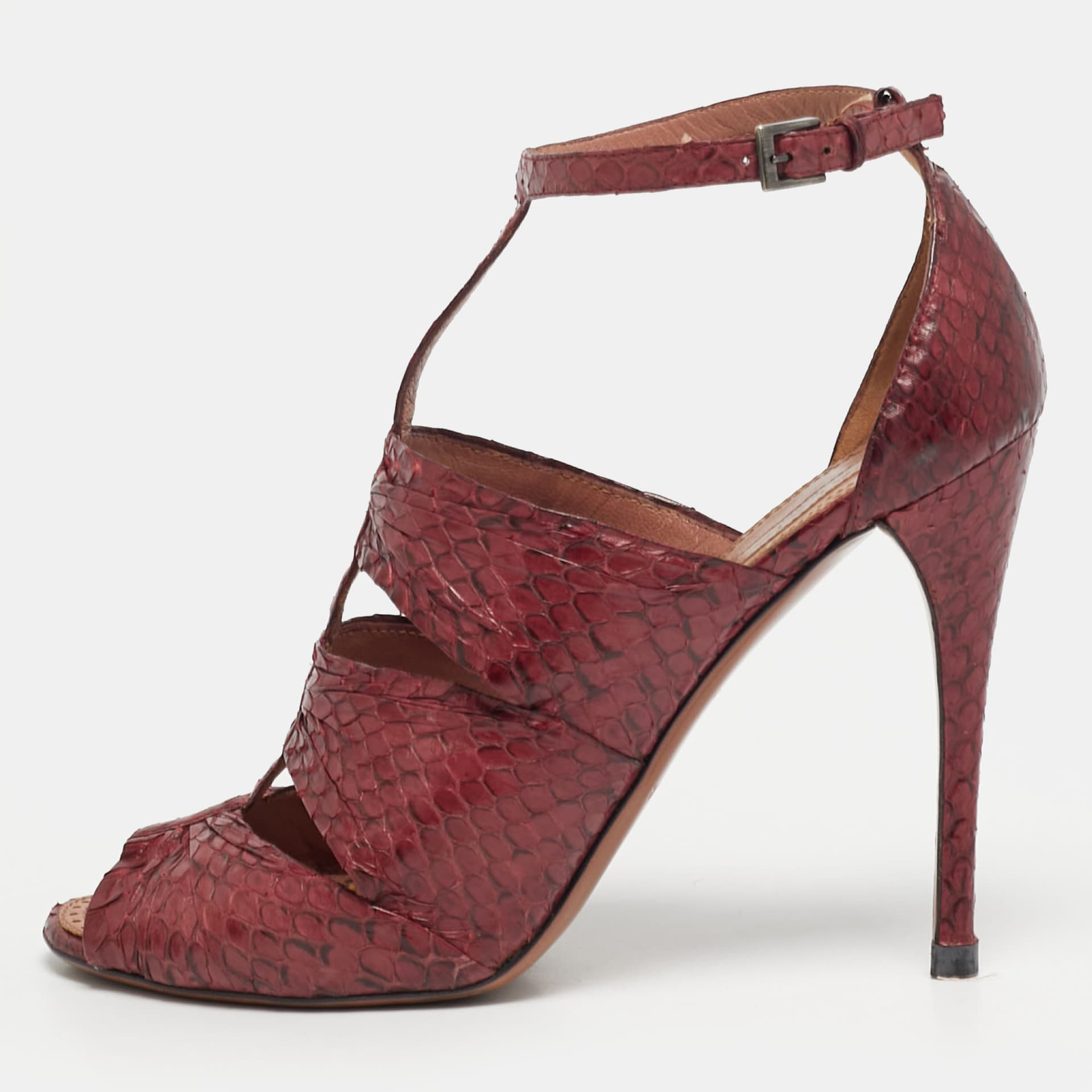 Alaia Size 38 Burgundy Python Leather Gladiator Sandals