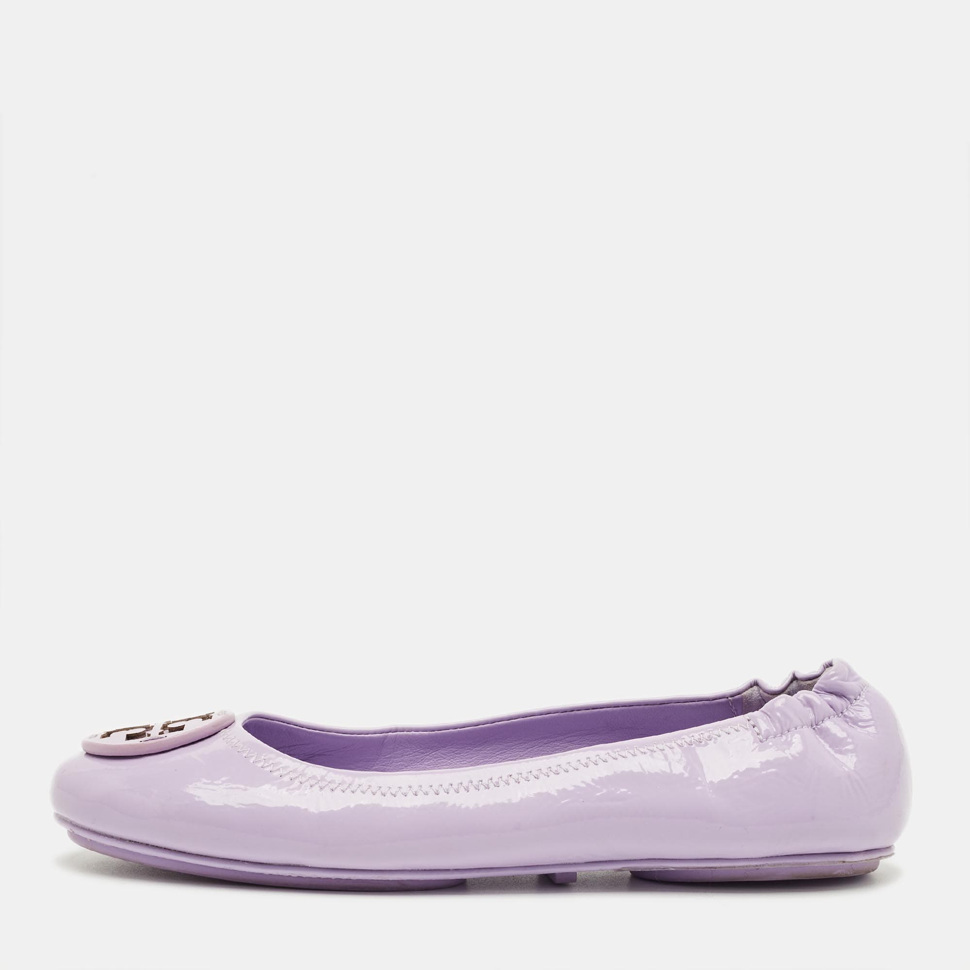 Tory Burch Minnie Size 37 Purple Patent Leather Scrunch Ballet Flats