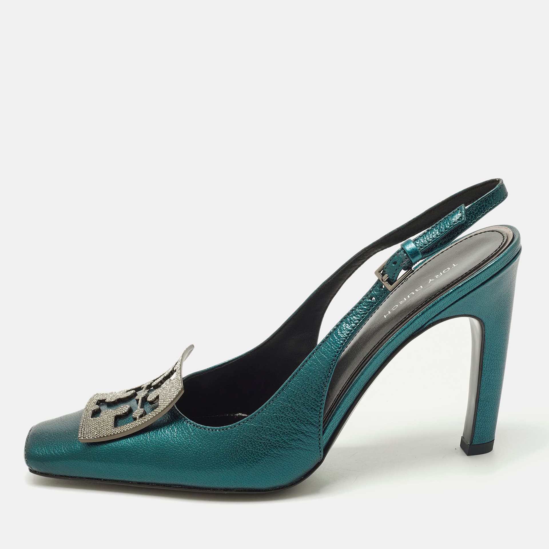 Tory Burch Pave Logo Size 37.5 Teal Green Leather Pumps