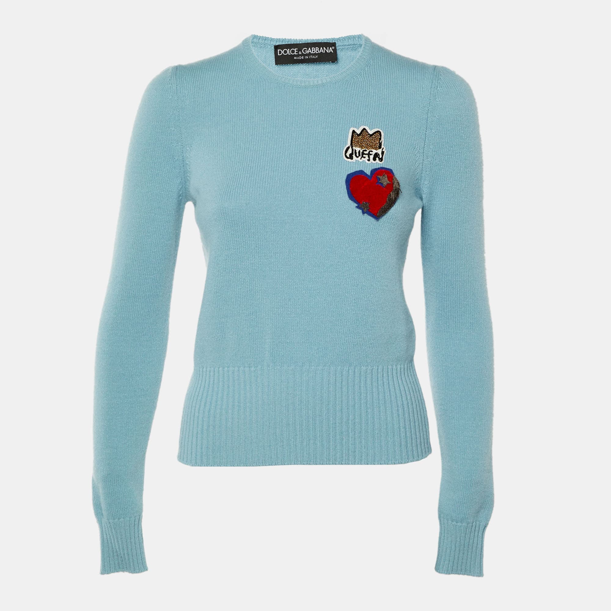 Dolce & Gabbana Blue Wool Heart Patch Detail Sweater S
