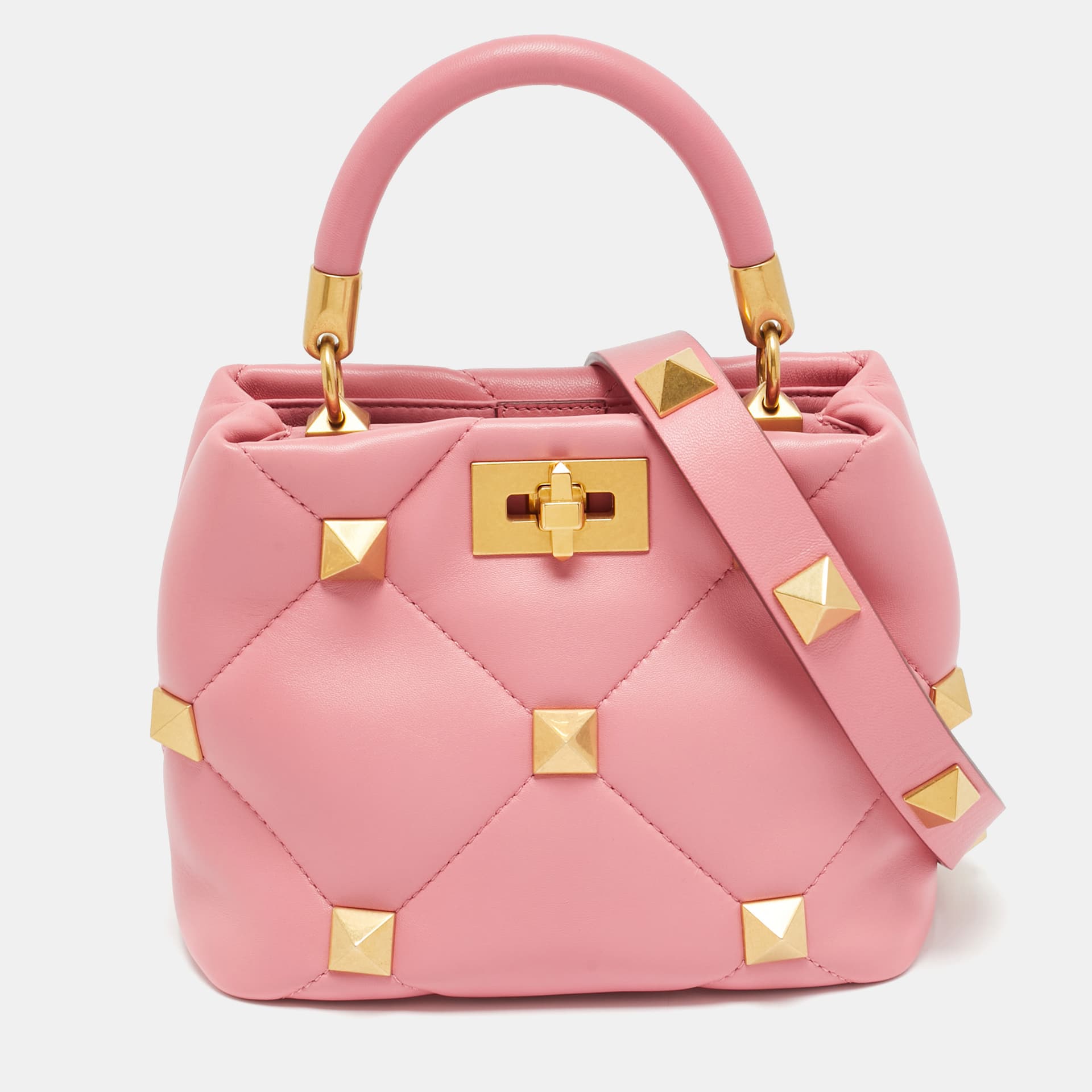 Valentino Roman Stud  Small Pink Quilted Leather Top Handle Bag