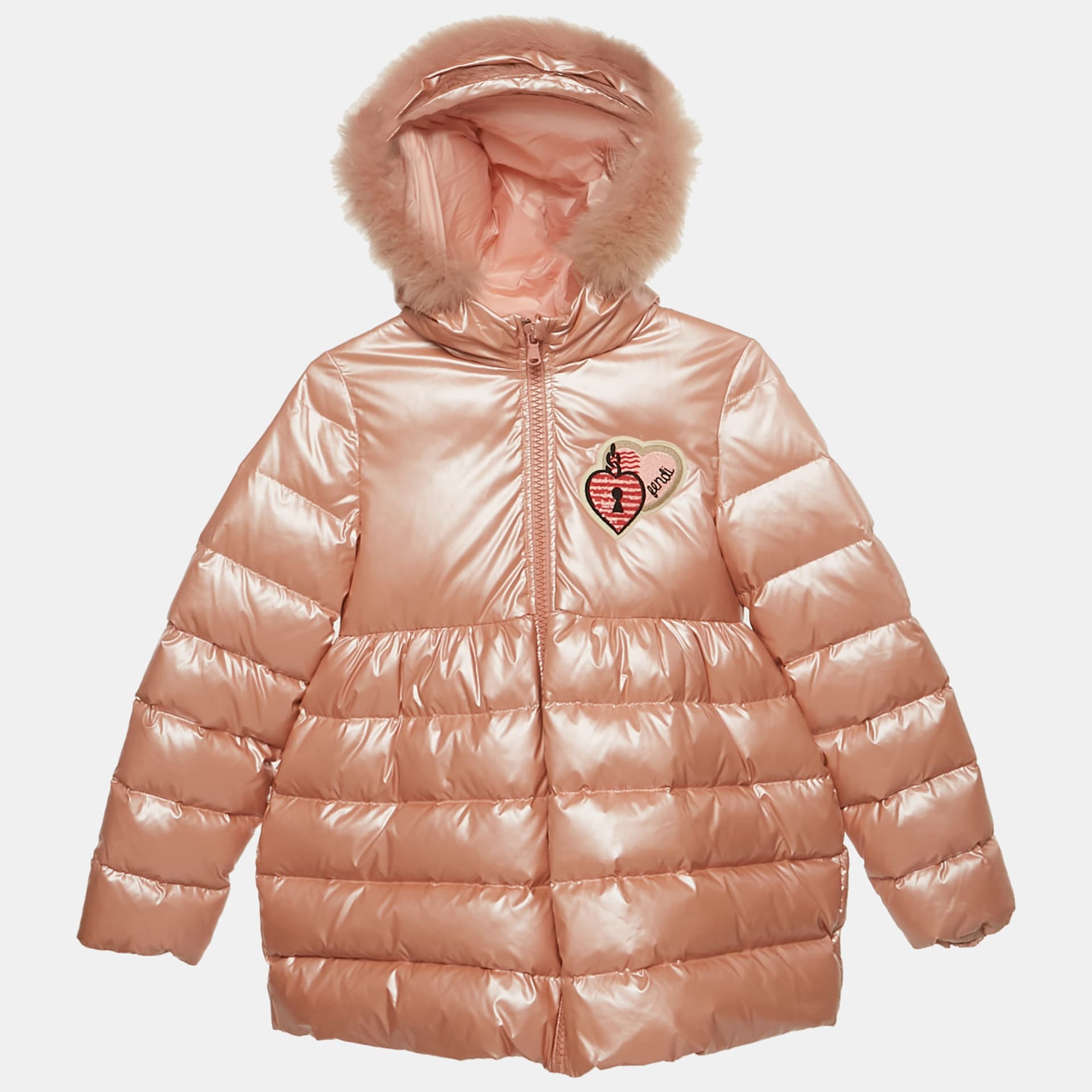 Fendi Kids Pink Nylon Fur Trim Down Puffer Jacket 9Yrs
