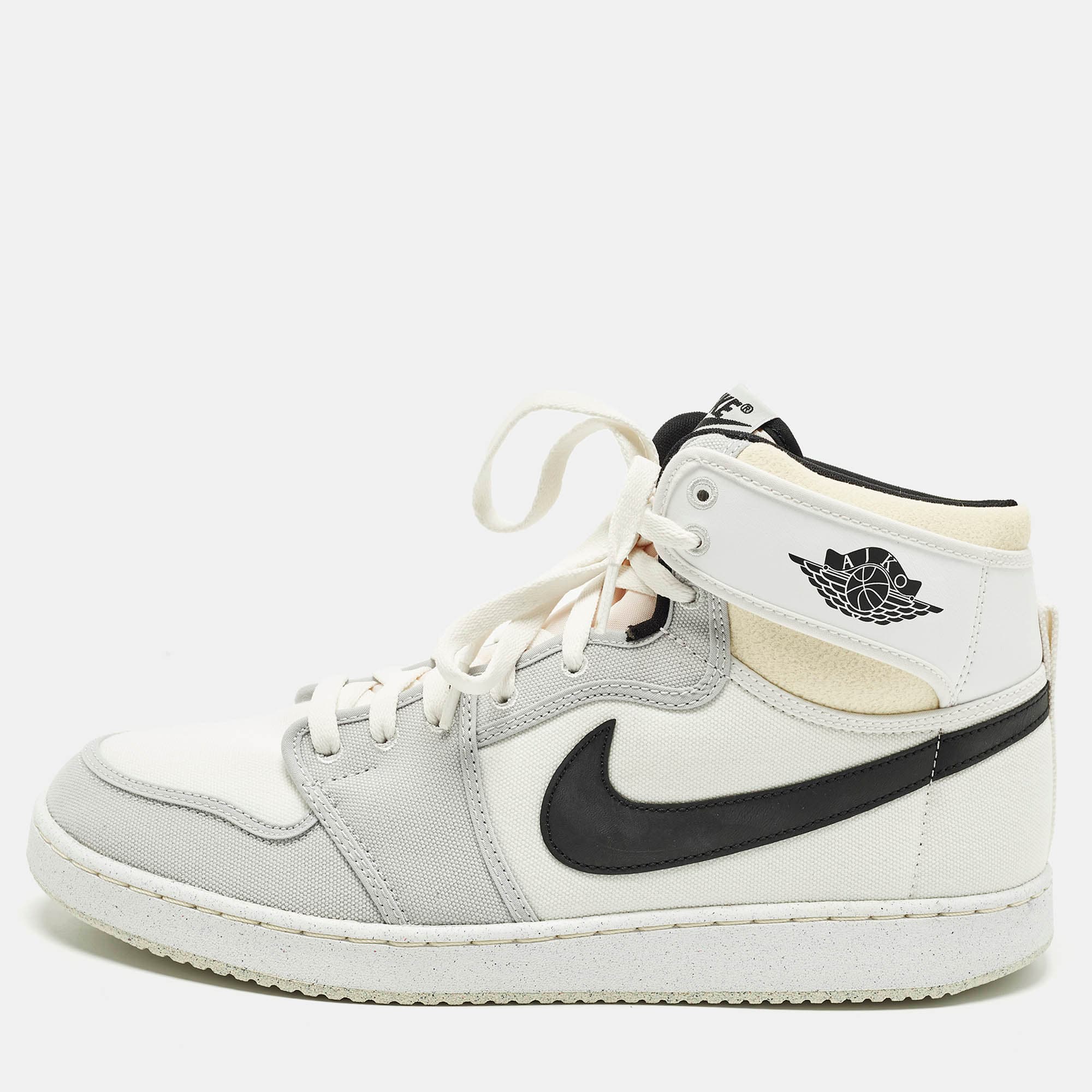 Air Jordans Jordan 1 Retro AJKO White Black Grey Fog Size 46 Multicolor Canvas and Leather High Top Sneakers