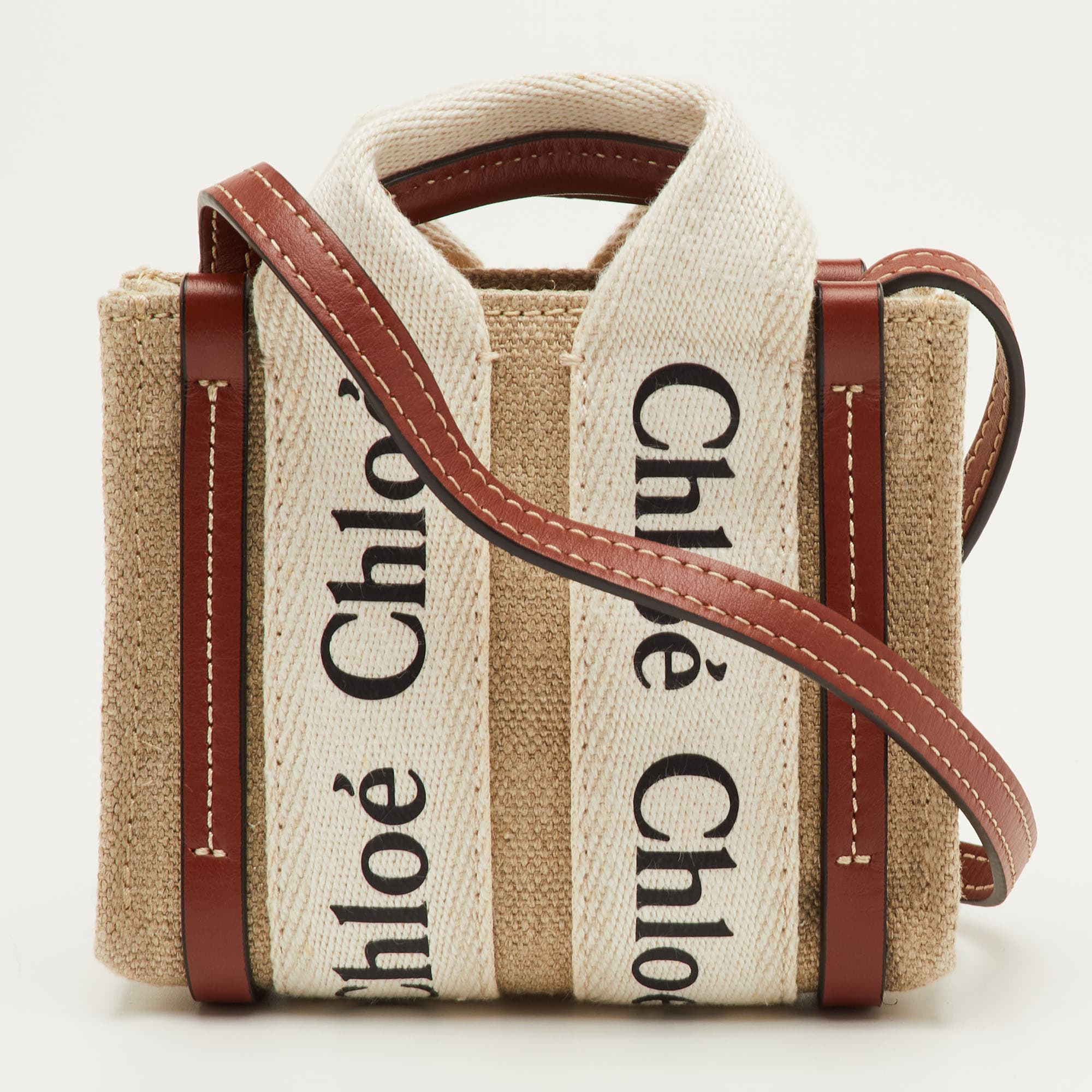 Chloe Woody Nano Beige/Brown Logo Canvas and Leather Tote