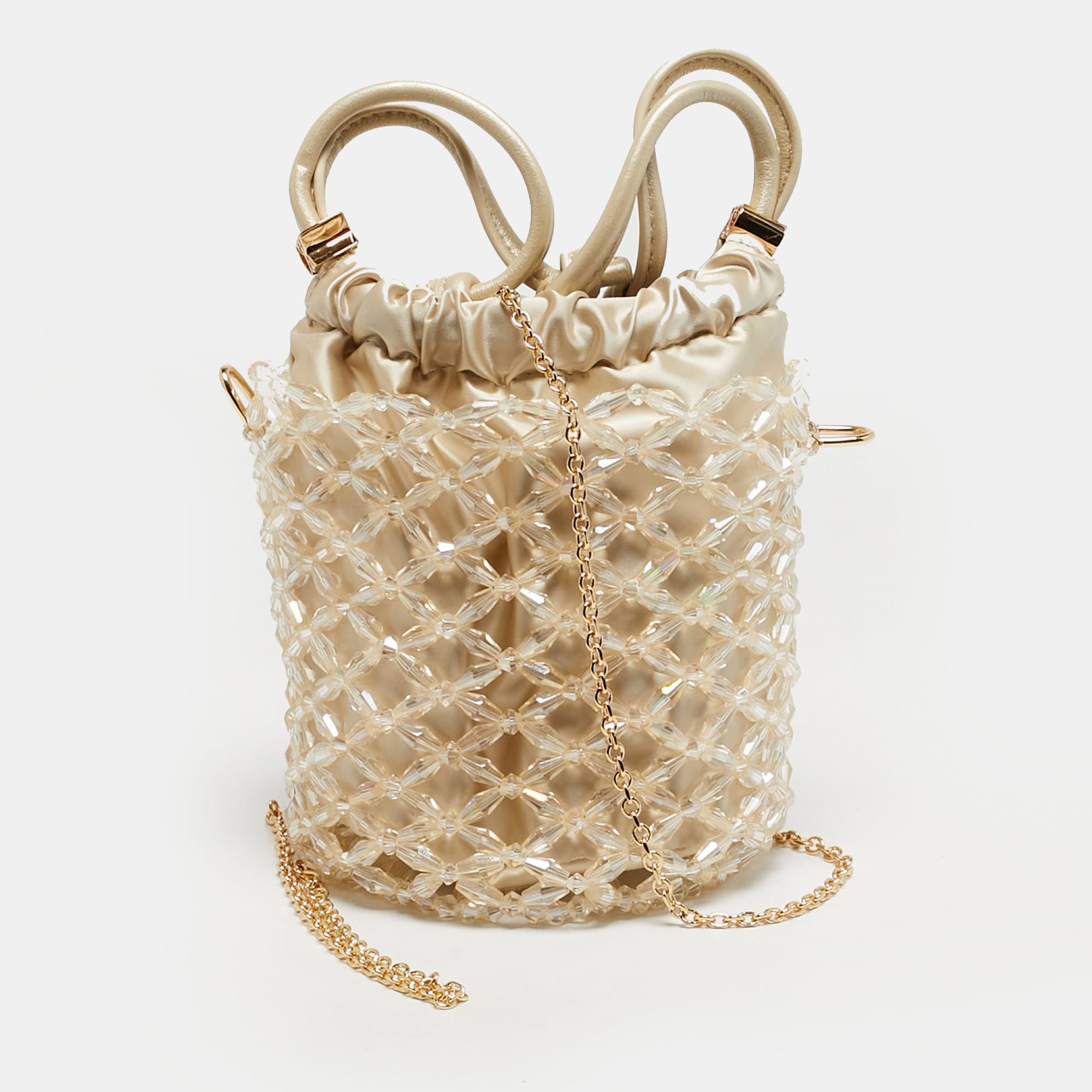Charles & Keith Light Cream Beaded Chain Bucket Bag