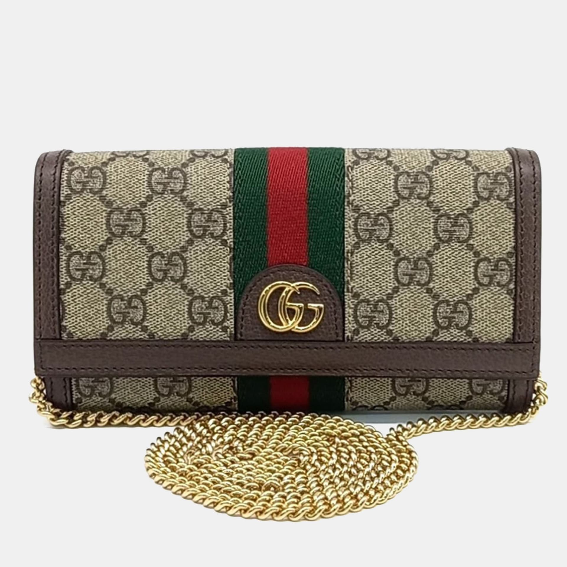 Gucci Ophidia Chain Long Wallet Beige Ebony GG Supreme Canvas and Brown Leather Wallet Bag