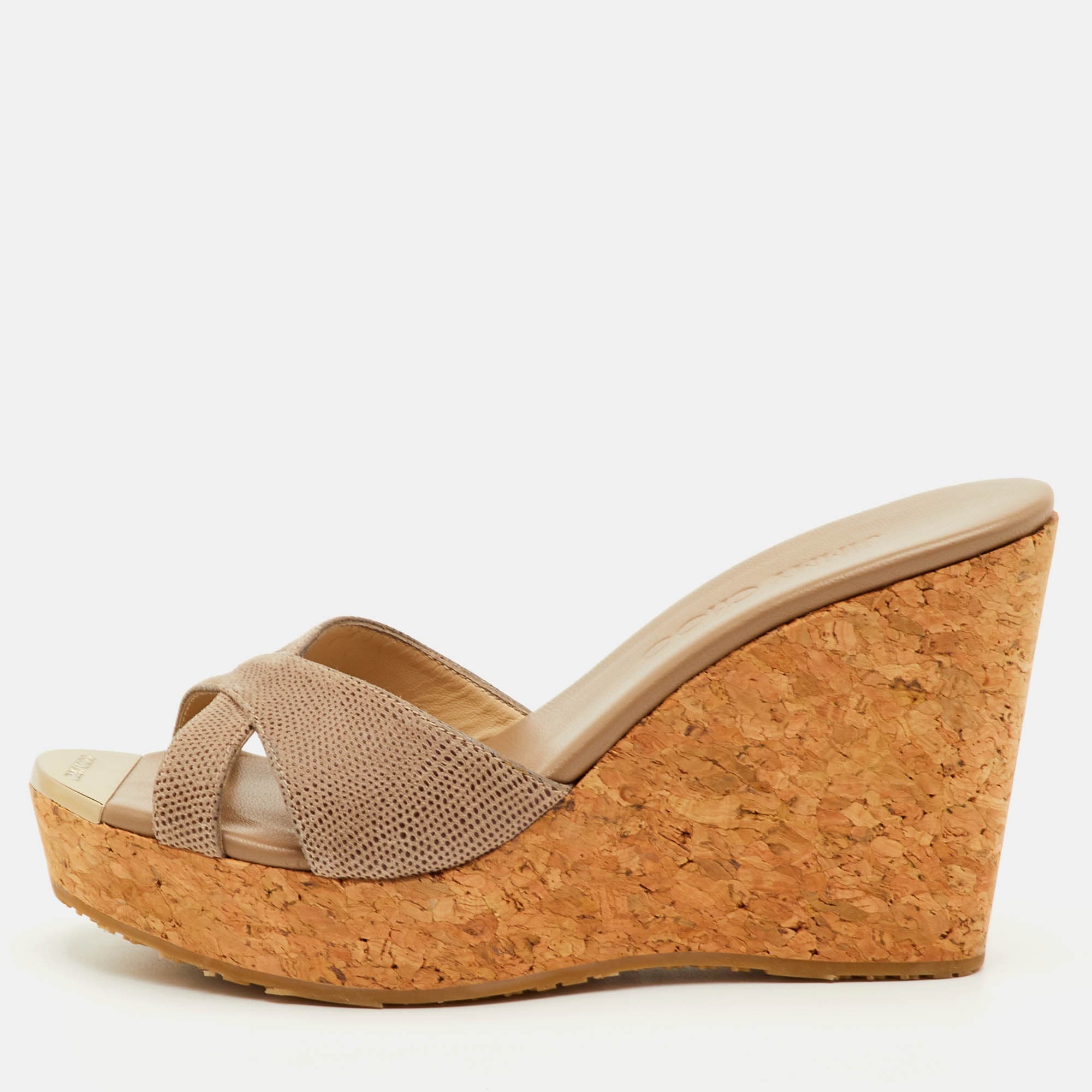 Jimmy Choo Size 36 Brown Leather Cork Platform Wedge Slide Sandals