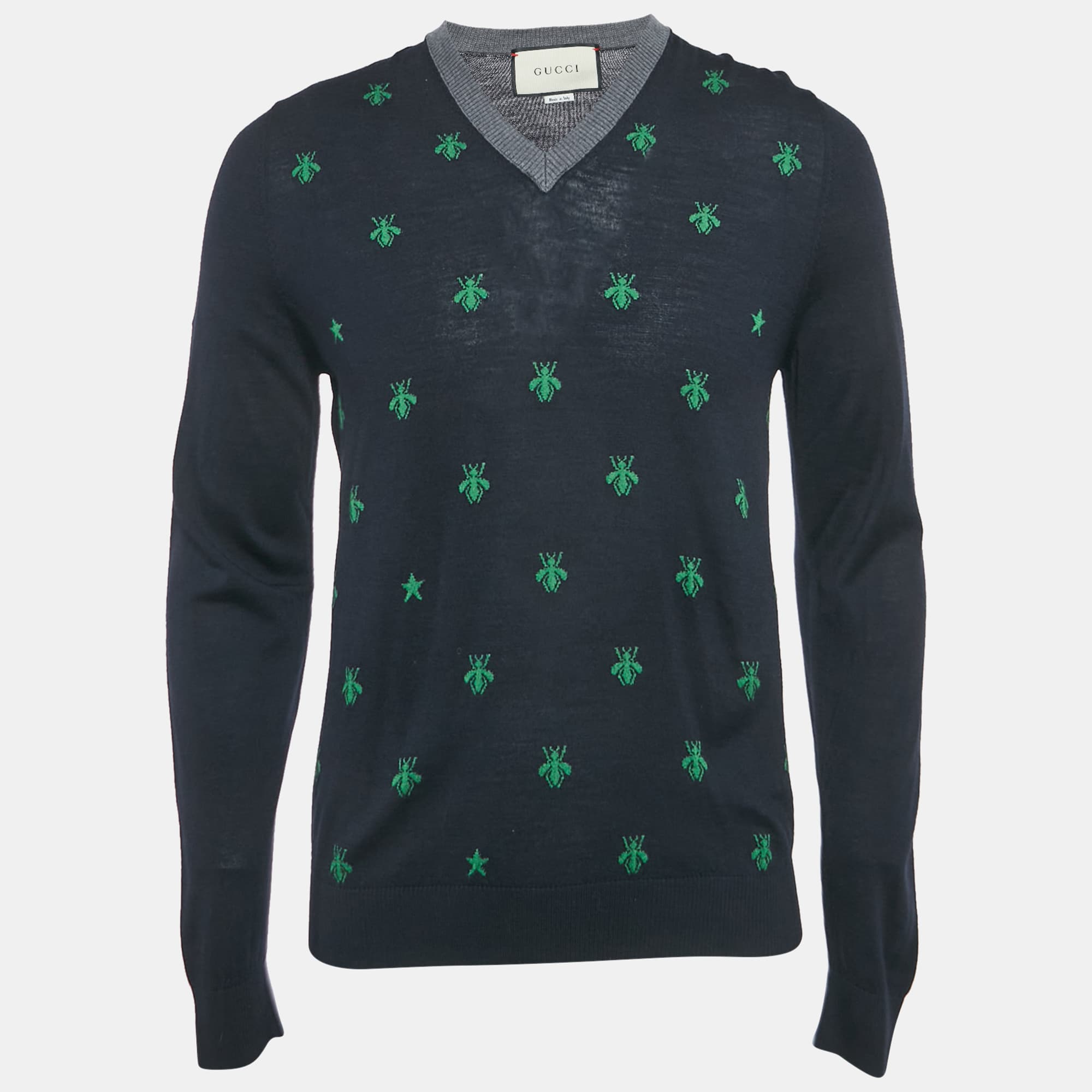 Gucci Navy Blue Bee Intarsia Wool Knit Sweater L