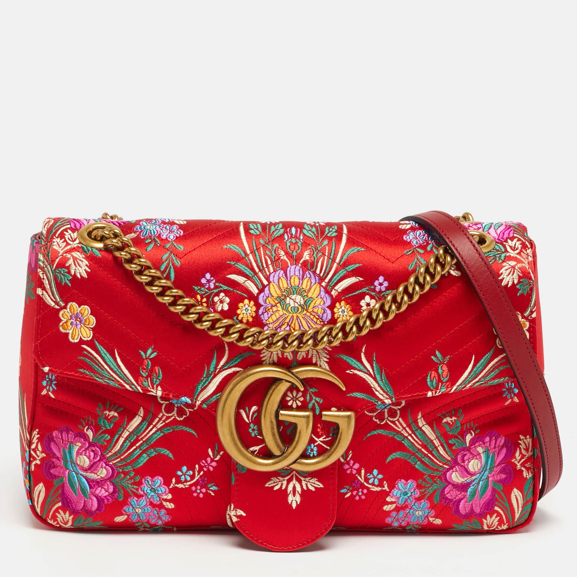 Gucci Embroidered GG Marmont Medium Red Matelass&eacute; Satin Shoulder Bag