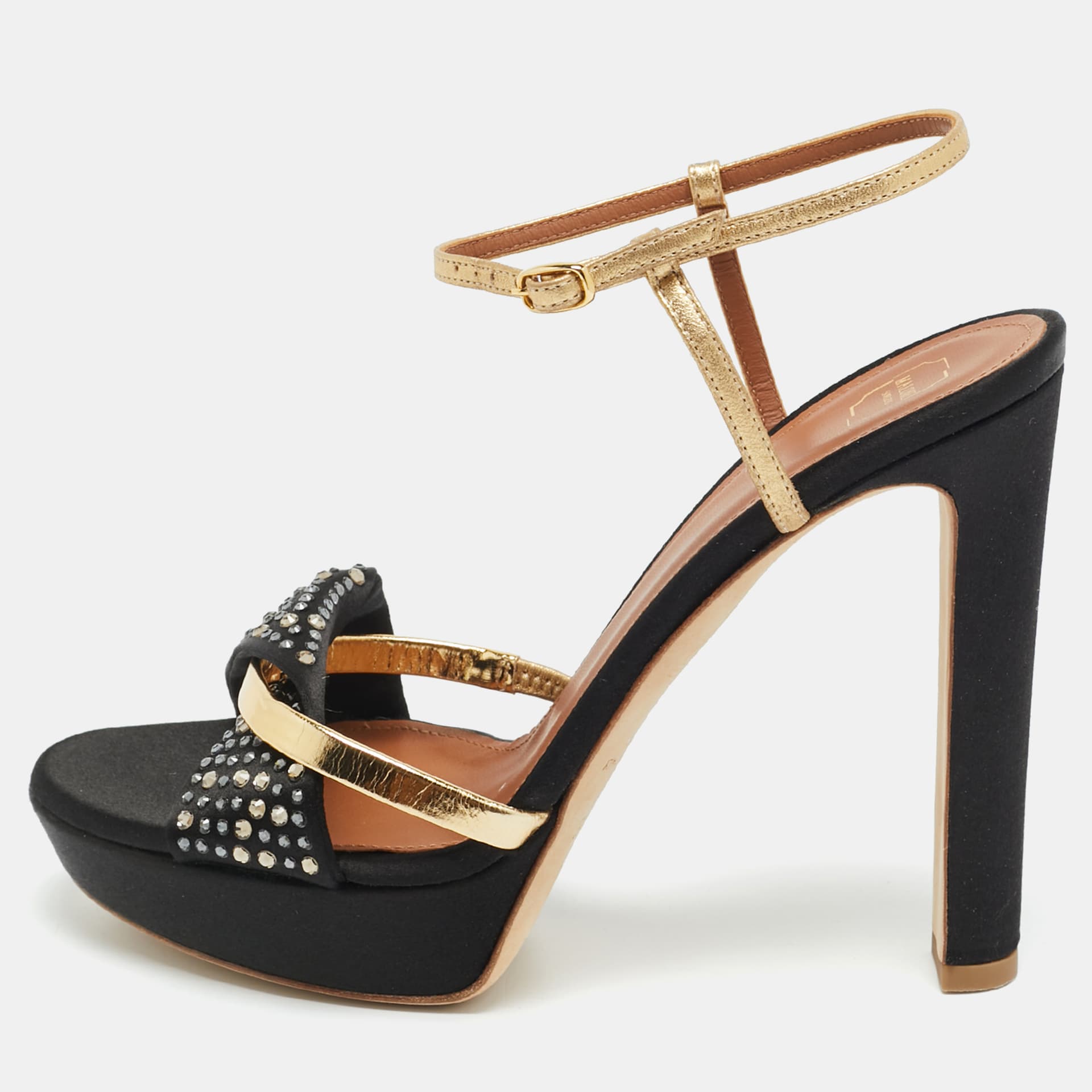 Malone Souliers Lauren Size 39 Black/Gold Leather and Satin Platform Sandals