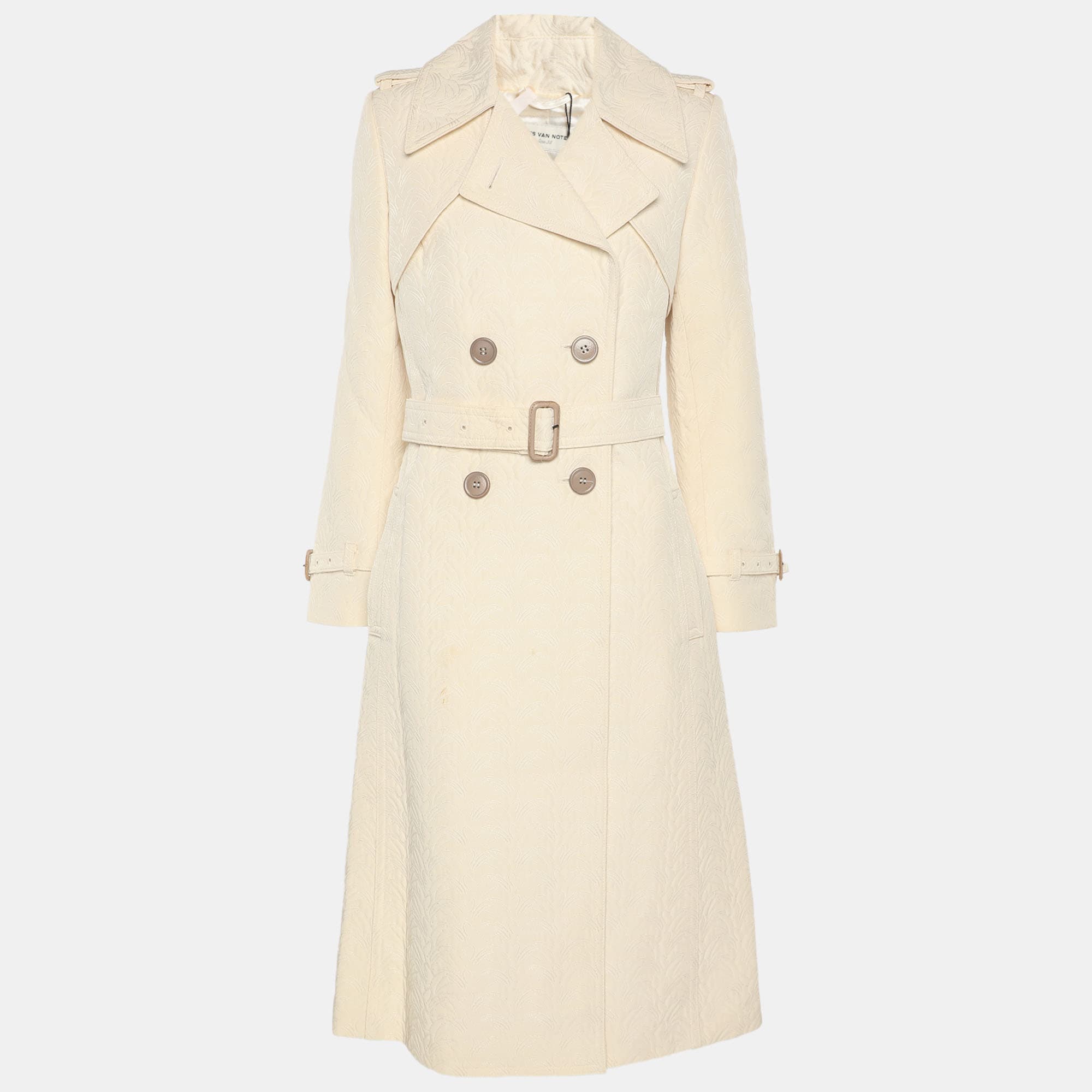 Dries van Noten Cream Jacquard Wool Belted Long Coat M