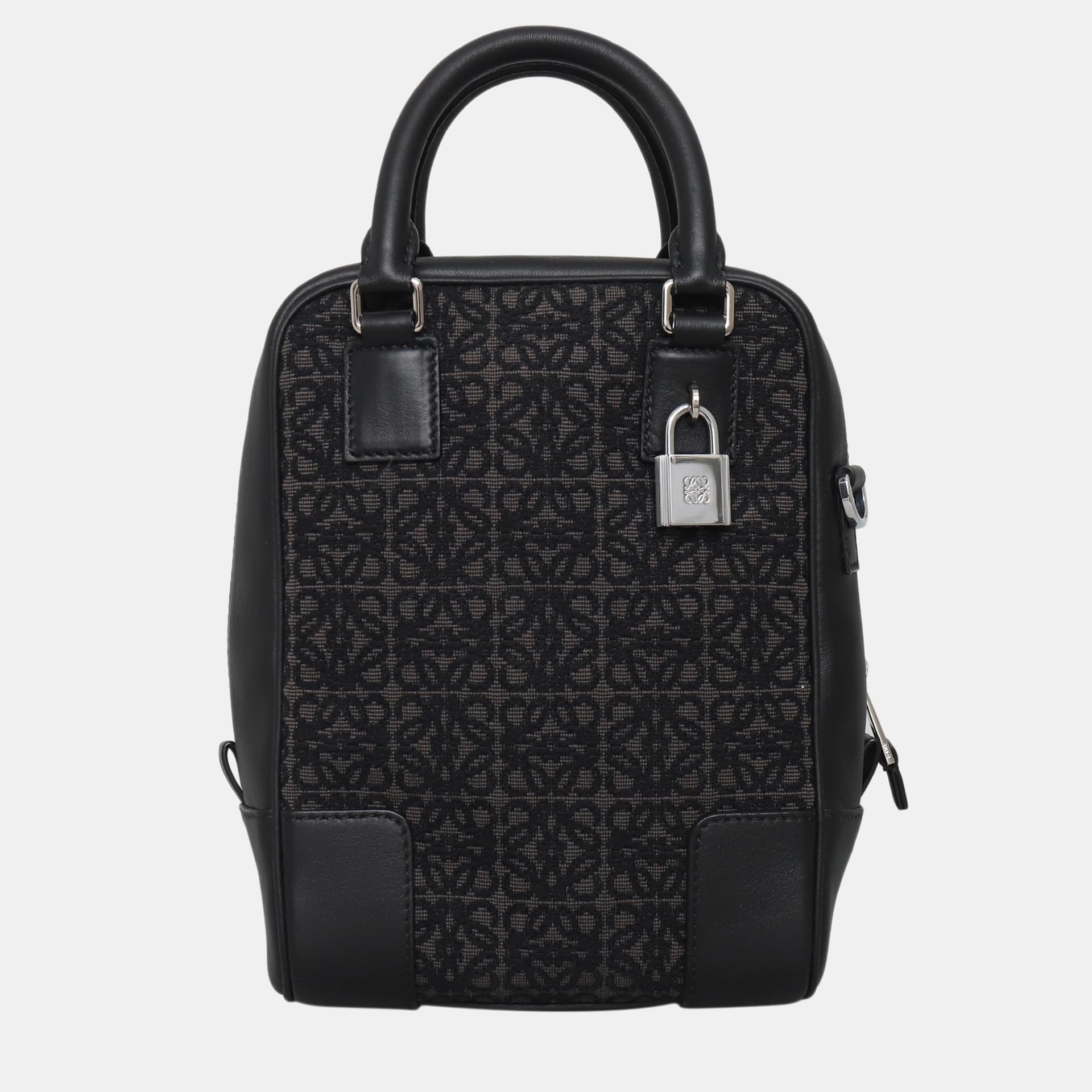 Loewe Amazona 15 Black Logo Jacquard Canvas Leather Trim Top Handle Bag