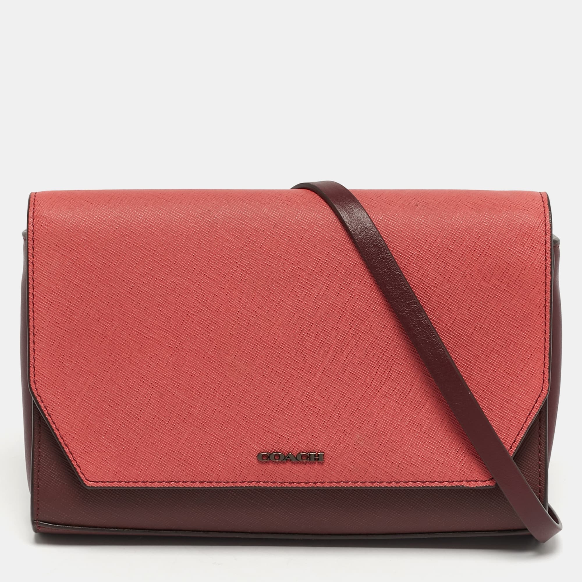 Coach Burgundy/Peach Pink Saffiano Leather Crossbody Bag