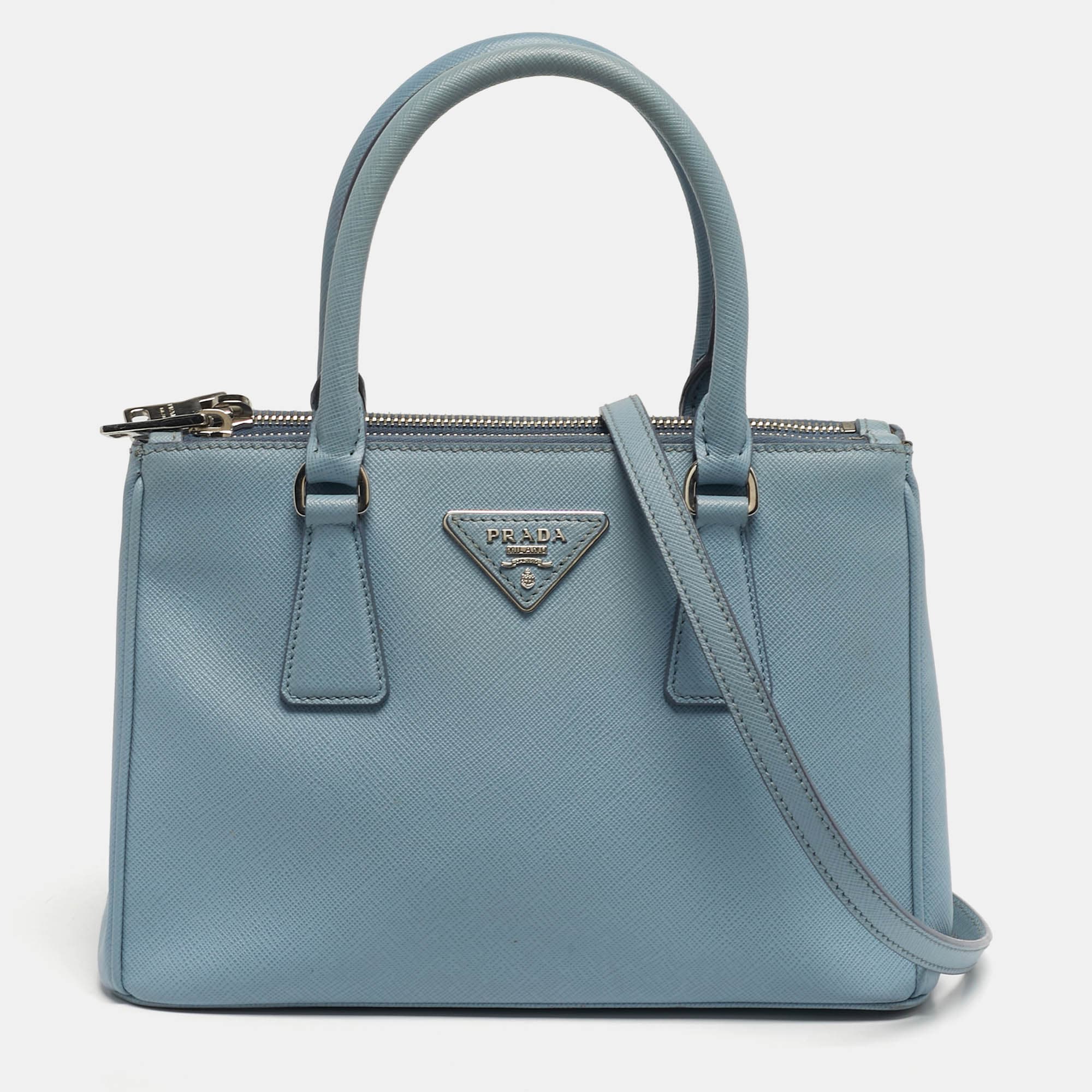 Prada Galleria Small Light Blue Saffiano Lux Leather Double Zip Tote
