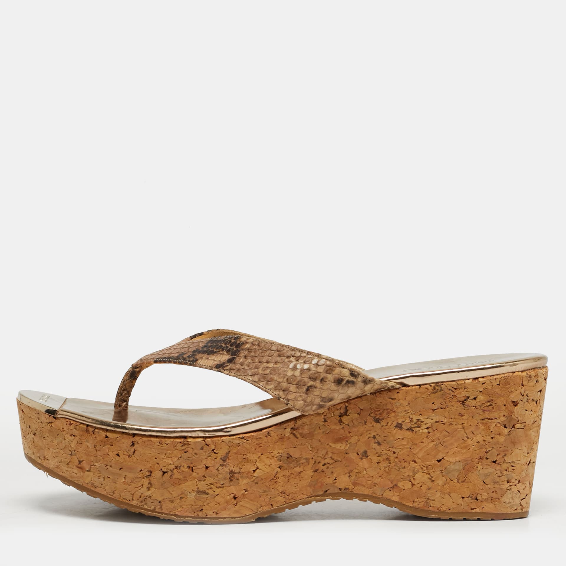 Jimmy Choo Size 41 Brown Python Embossed Leather Cork Wedge Thong Sandals