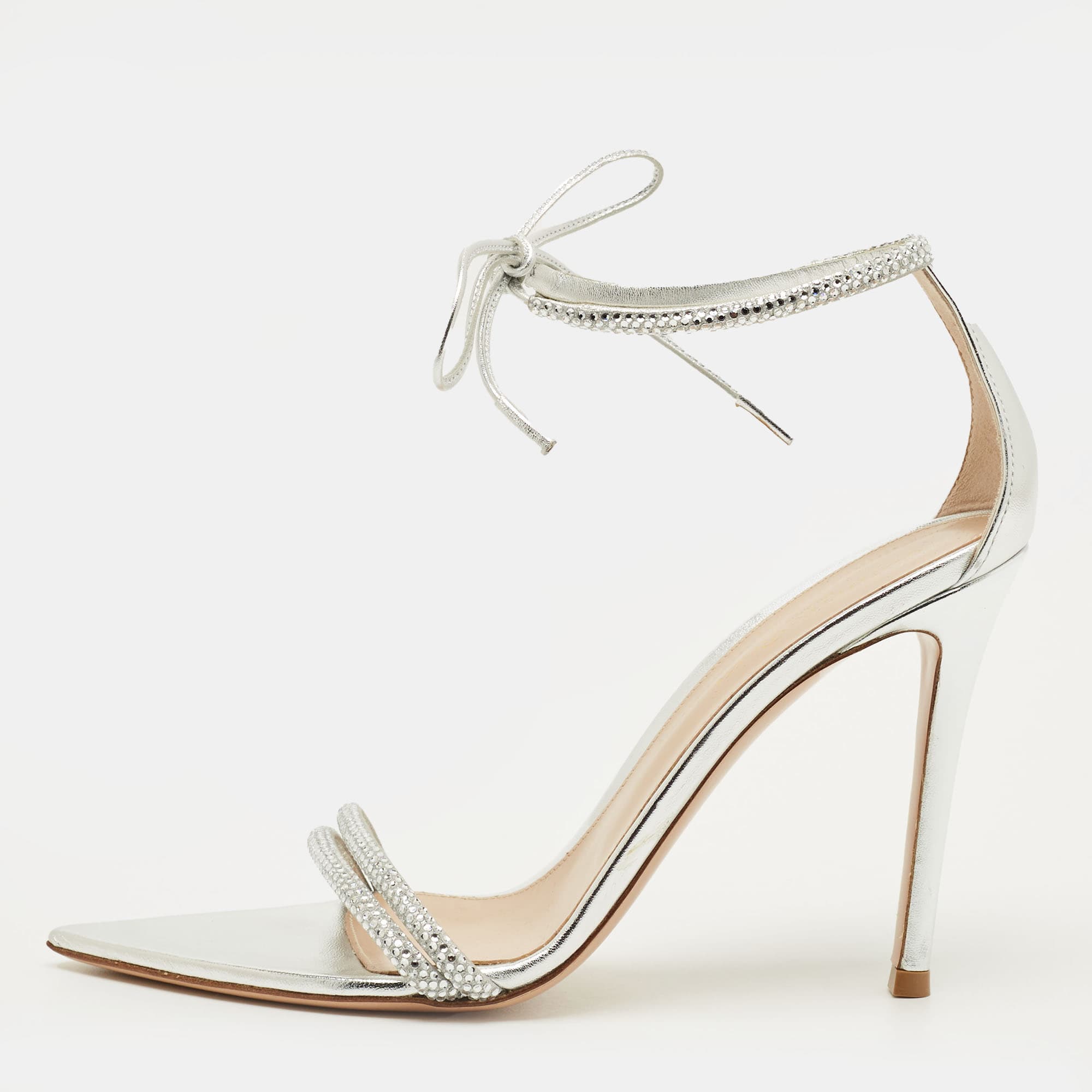 Gianvito Rossi Montecarlo Size 38 Silver Leather Ankle Strap Sandals