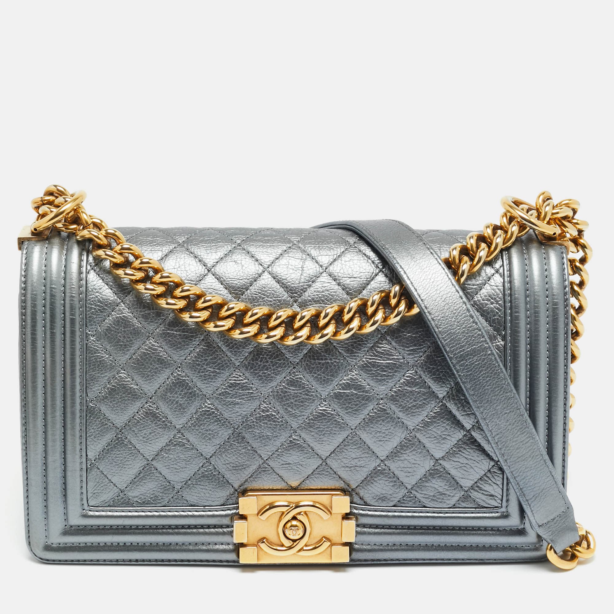 Chanel Boy Medium Metallic Grey Quilted Leather Flap Bag