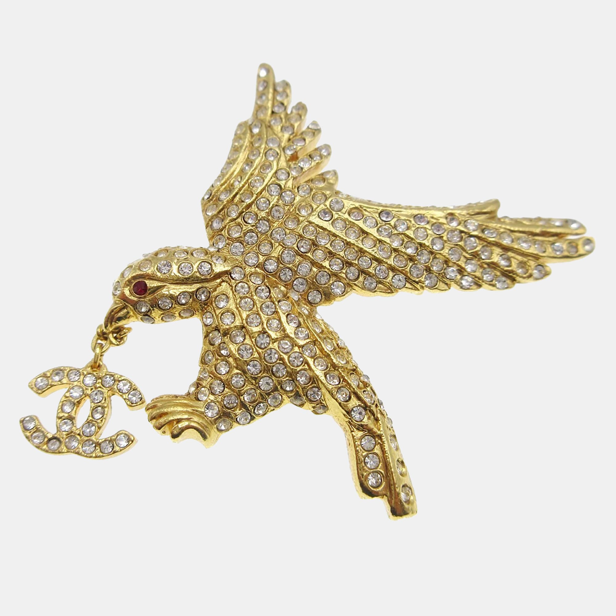 Chanel Eagle Rhinestone Brooch Pin Gold