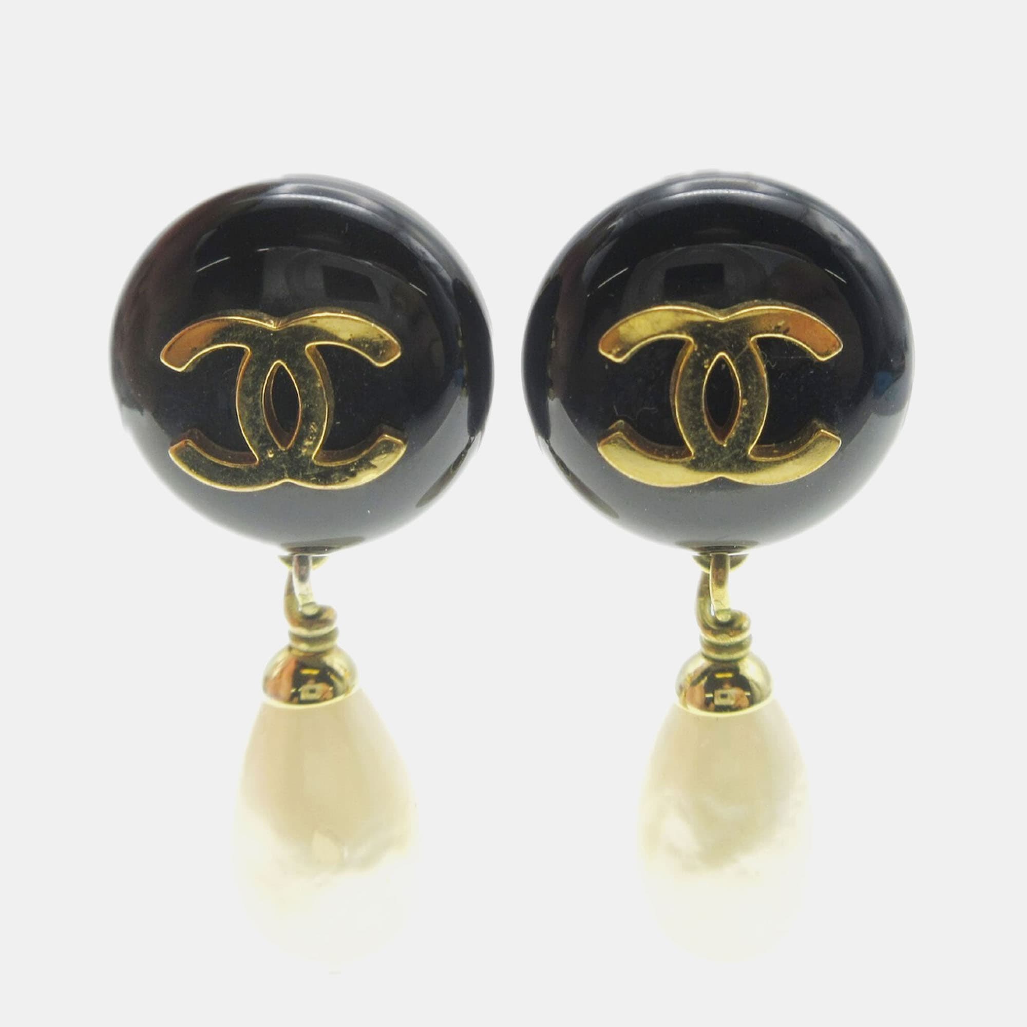 Chanel Artificial Pearl Dangle Earrings Clip-On Black
