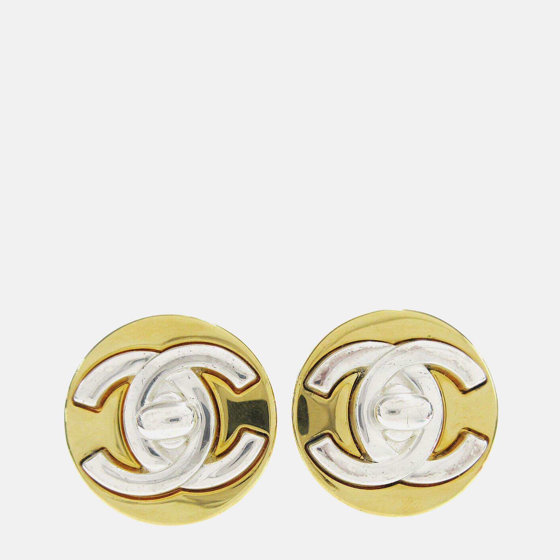 Chanel Turnlock Button Earrings Clip-On Gold Silver