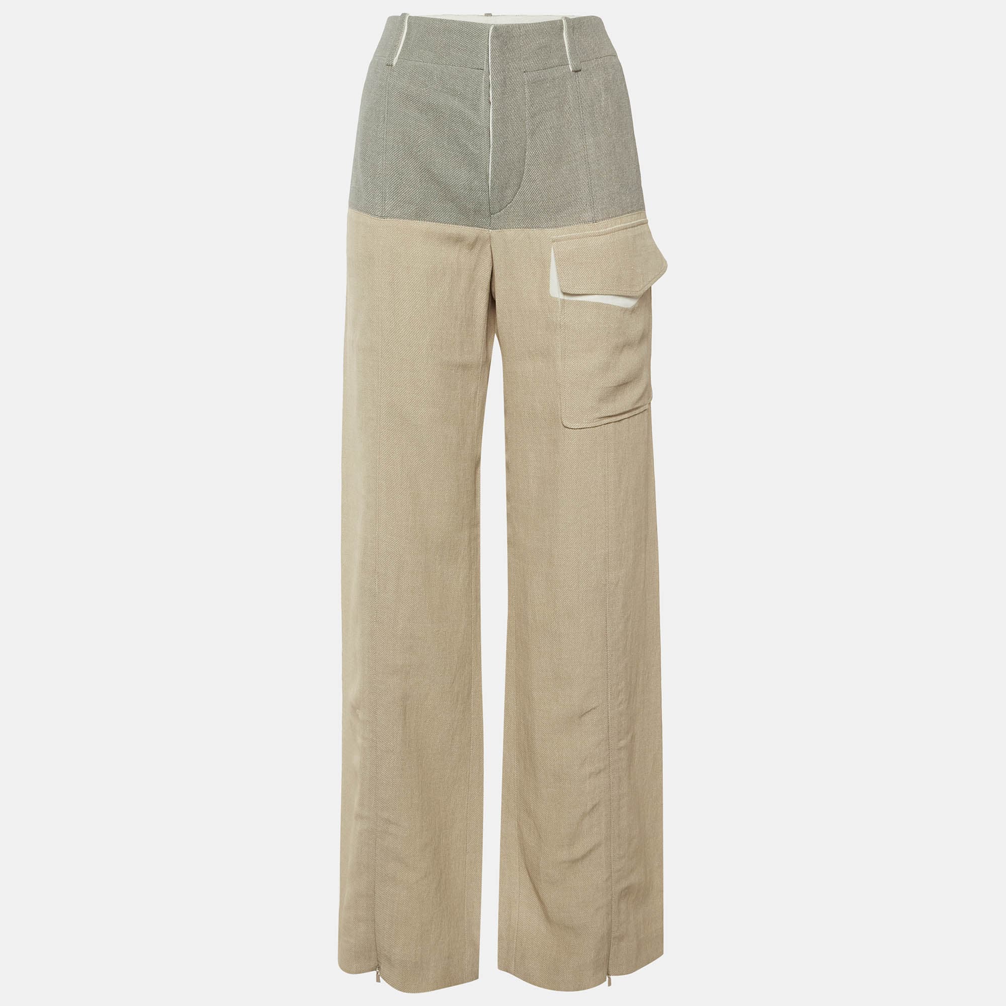 Chloe Grey /Beige Crepe Blend Wide Leg Trousers M