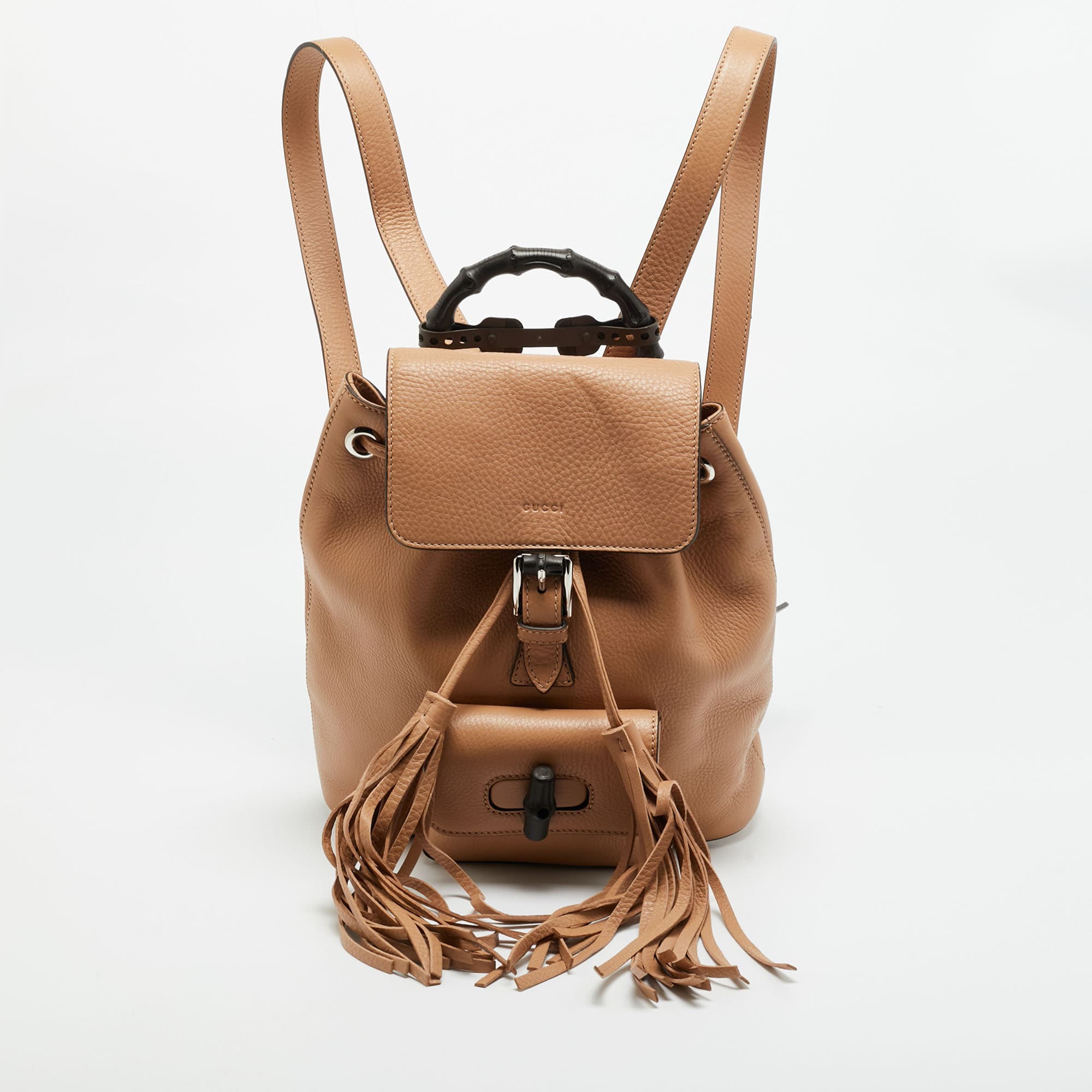 Gucci Bamboo Tassel Beige Leather Drawstring Backpack