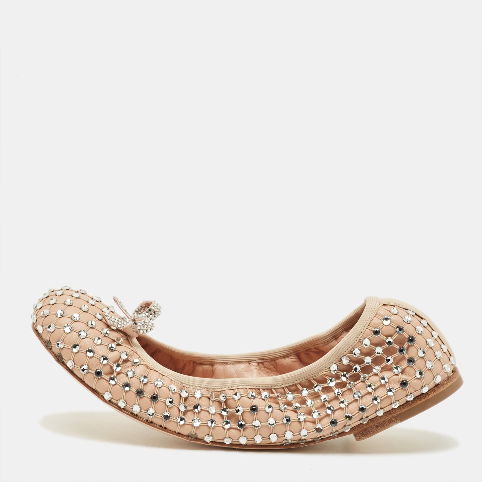 Ren&eacute; Caovilla Size 38 Beige Leather Rhinestone Embellished Scrunch Ballet Flats