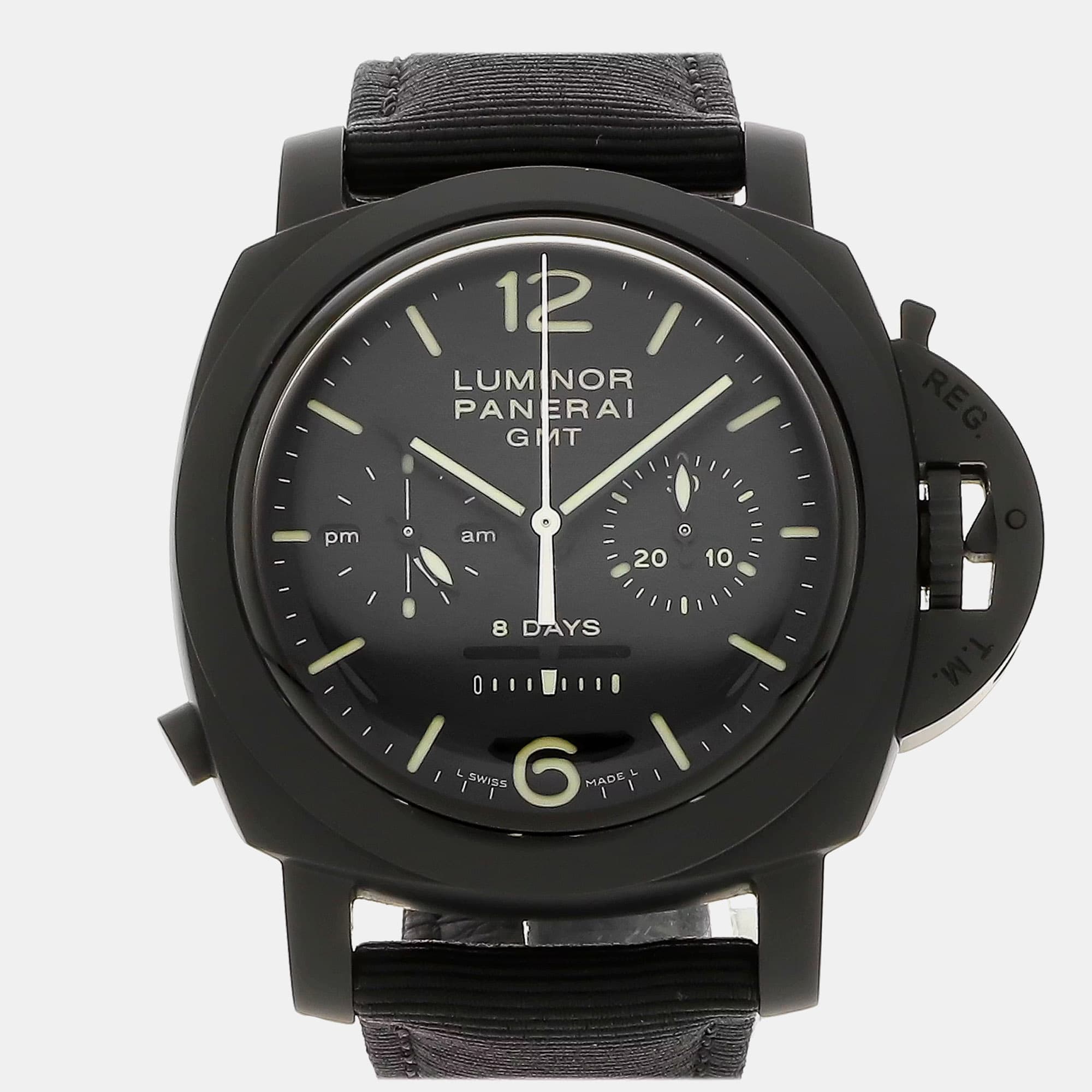 Panerai Luminor 1950 Chrono Monopulsante 8 Days GMT PAM 317 Manual Winding Black Dial Ceramic Men's Wristwatch 44mm