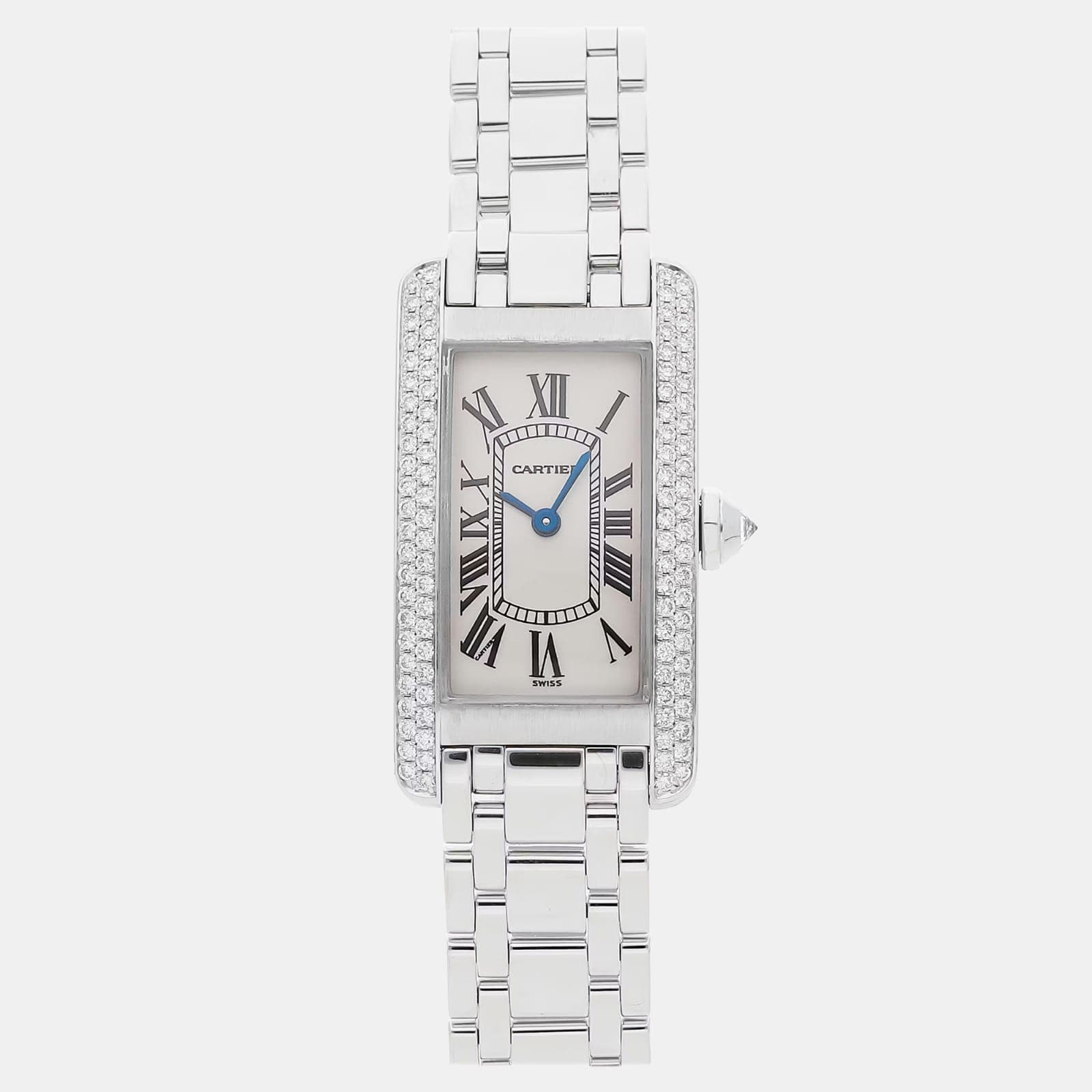 Cartier Tank Americaine WB7018L1 Quartz Silver Dial 18k White Gold Women's Wristwatch 19mm