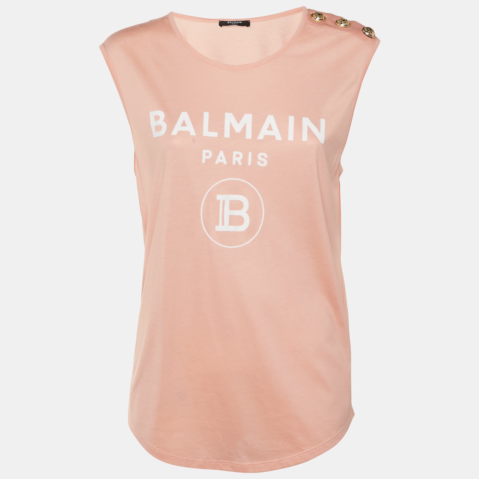 Balmain Peach Logo Applique Cotton Sleeveless T-Shirt M