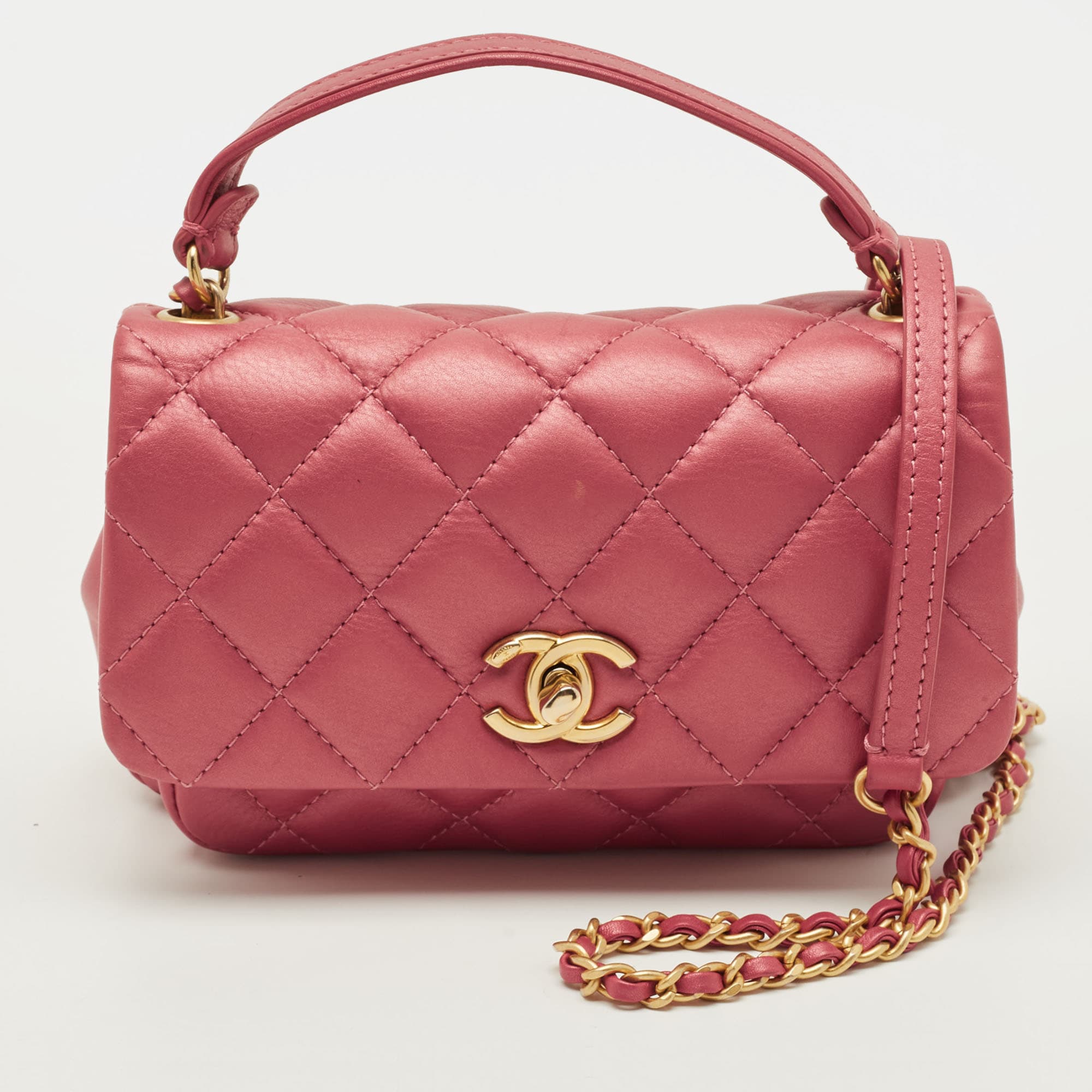Chanel Mini Metallic Red Quilted Leather Top Handle Flap Bag