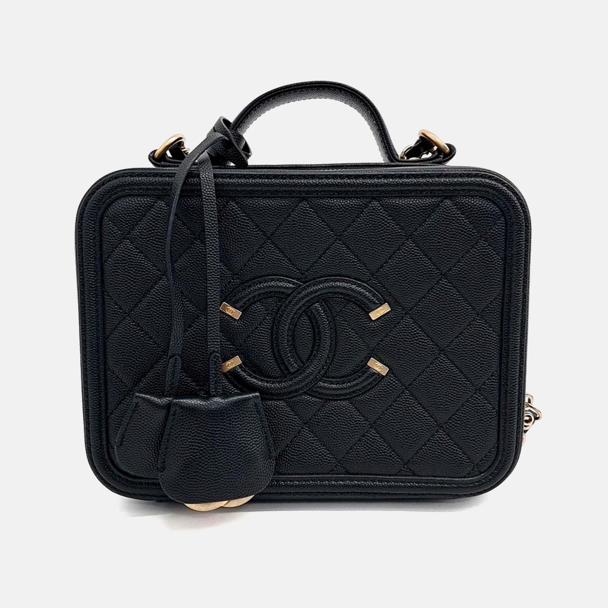 Chanel Black Leather Caviar Cosmetic Tote And Shoulder Bag
