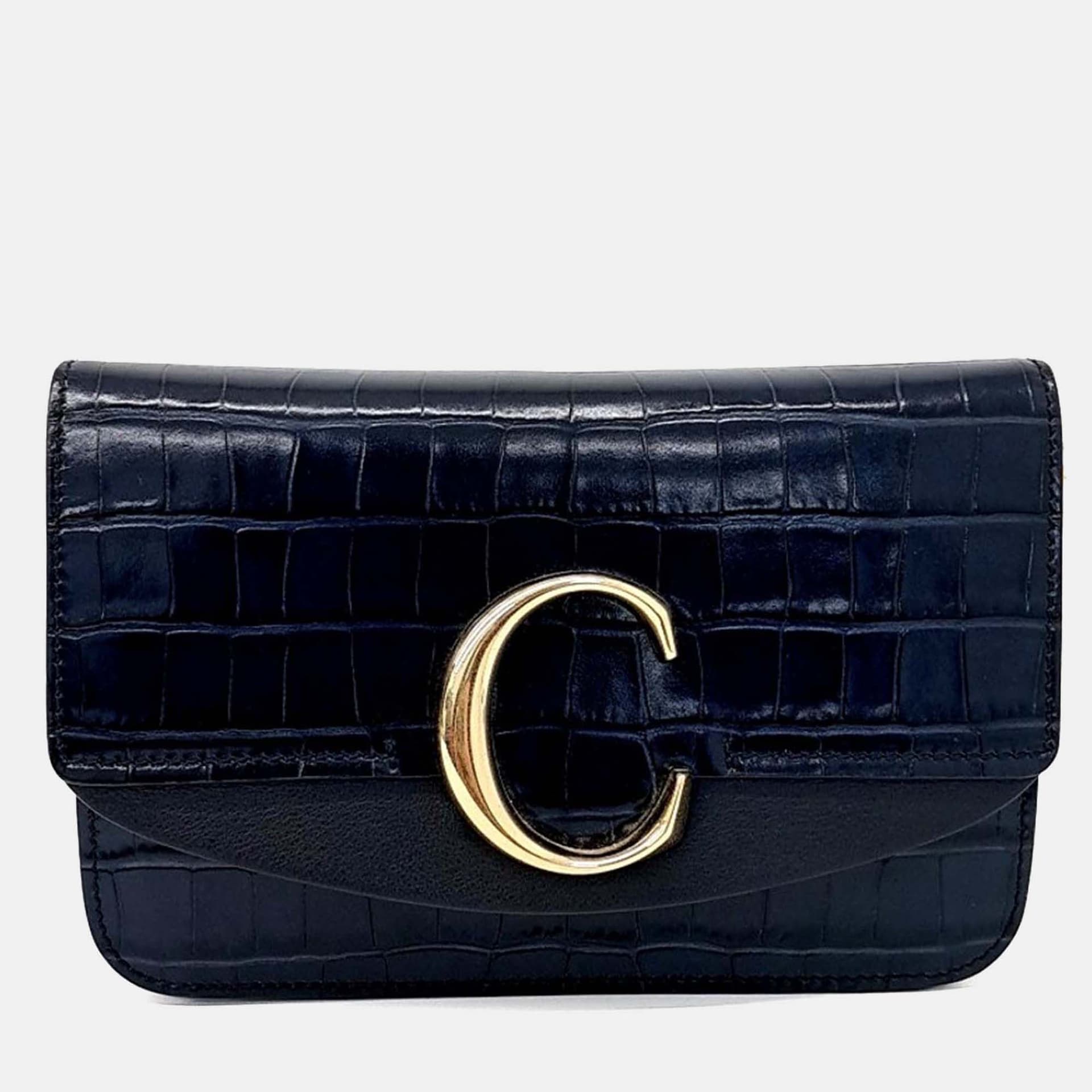 Chlo&eacute; C Crocodile Embossed Leather Navy Chain Clutch Bag