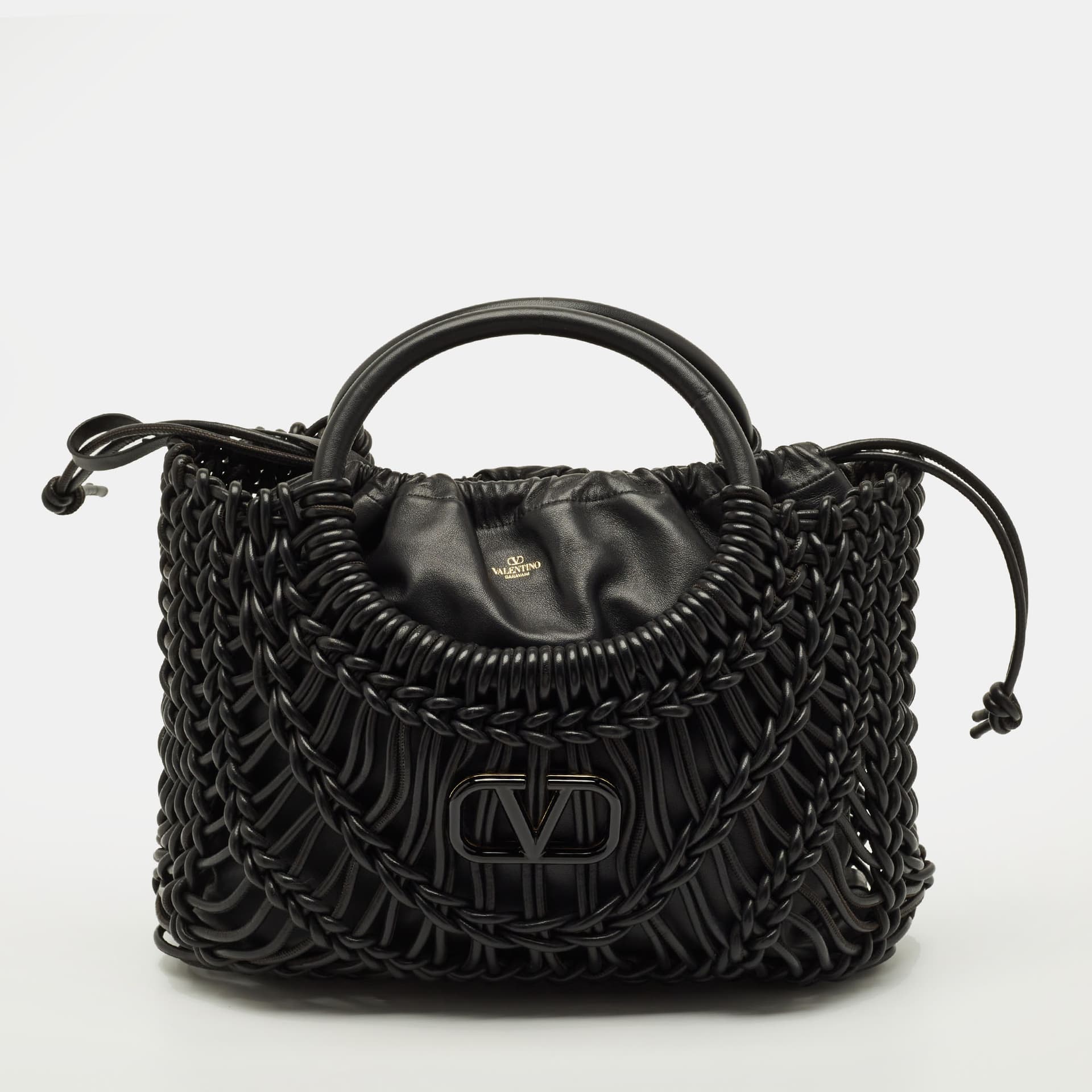 Valentino Allknots VLogo Black Woven Leather Tote