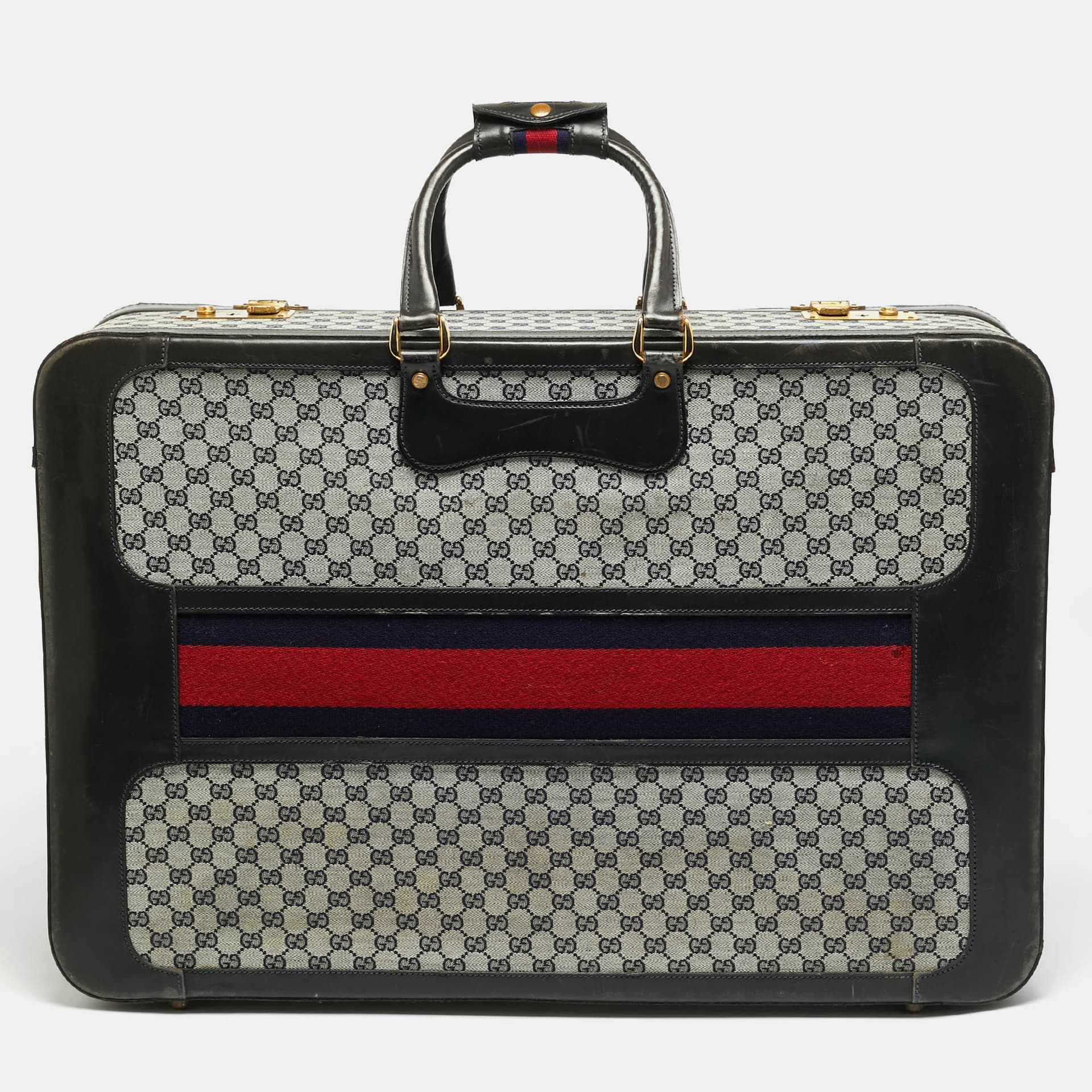 Gucci Black/Navy Blue GG Canvas and Leather Web Trunk Suitcase