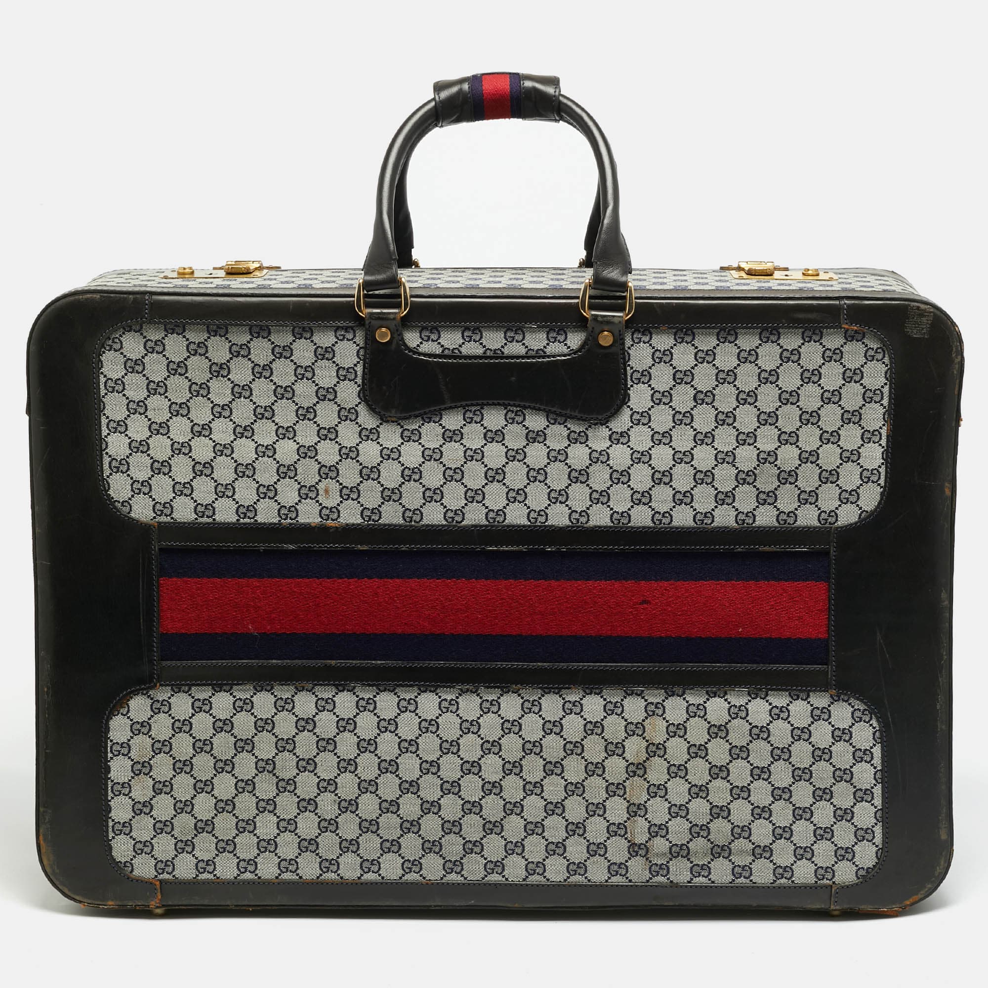 Gucci Dark Brown/Navy Blue GG Canvas and Leather Web Trunk Suitcase