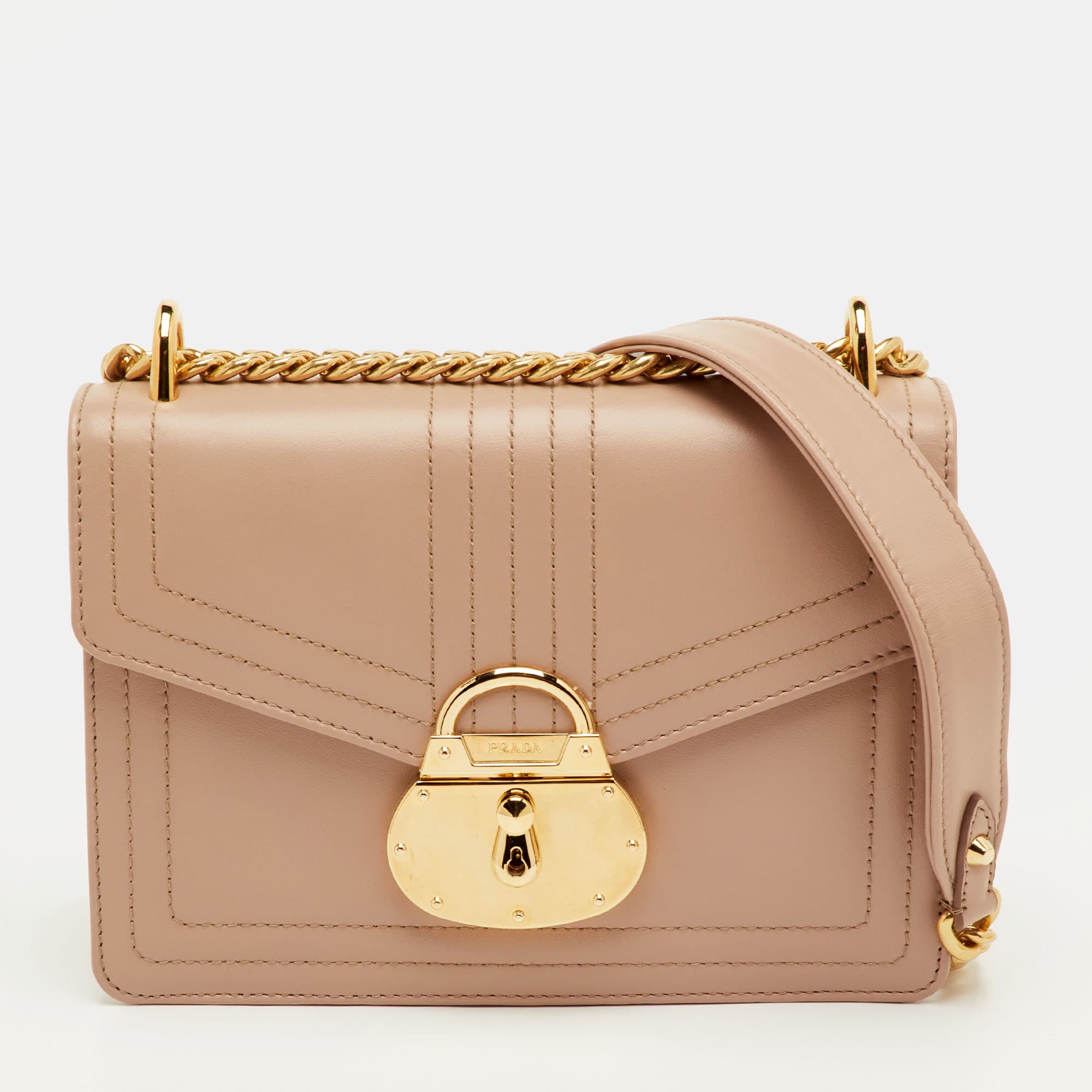 Prada Lock Flap Beige Leather Crossbody Bag