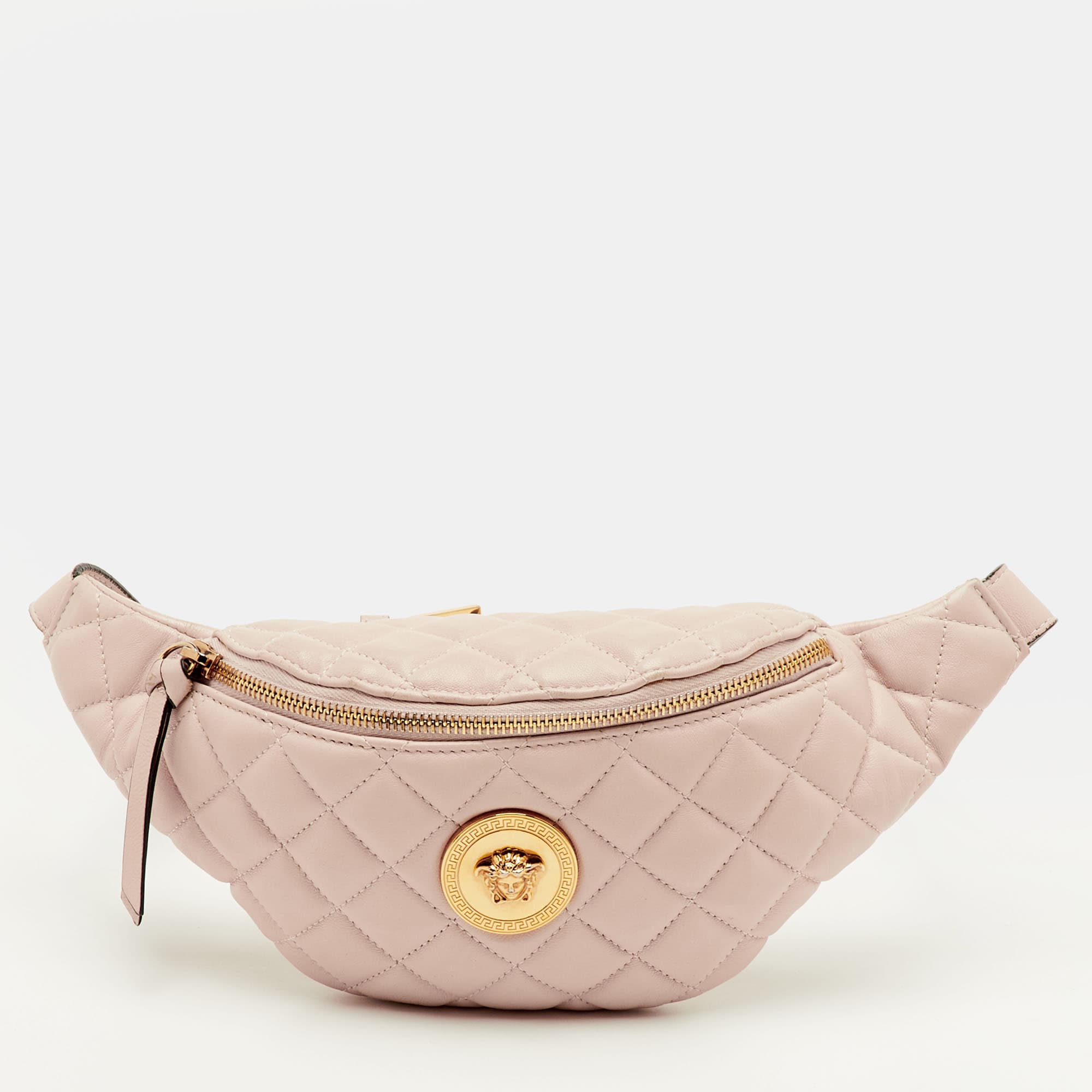 Versace La Medusa Light Pink Quilted Leather Fanny Pack Belt Bag