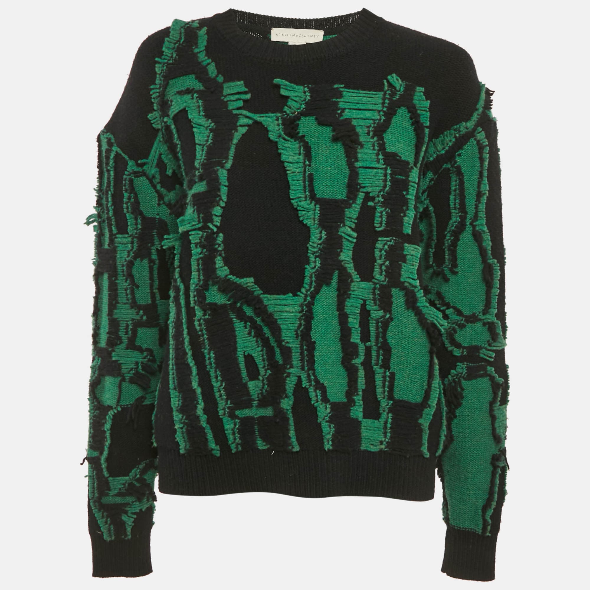 Stella McCartney Black/Green Frayed Knit Crewneck Sweater M