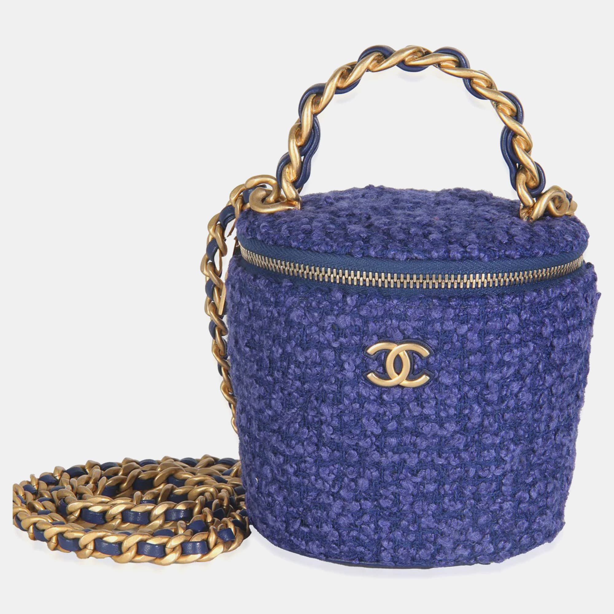 Chanel Quilted Afternoon Tea Blue Tweed Top Handle Vanity Case Bag