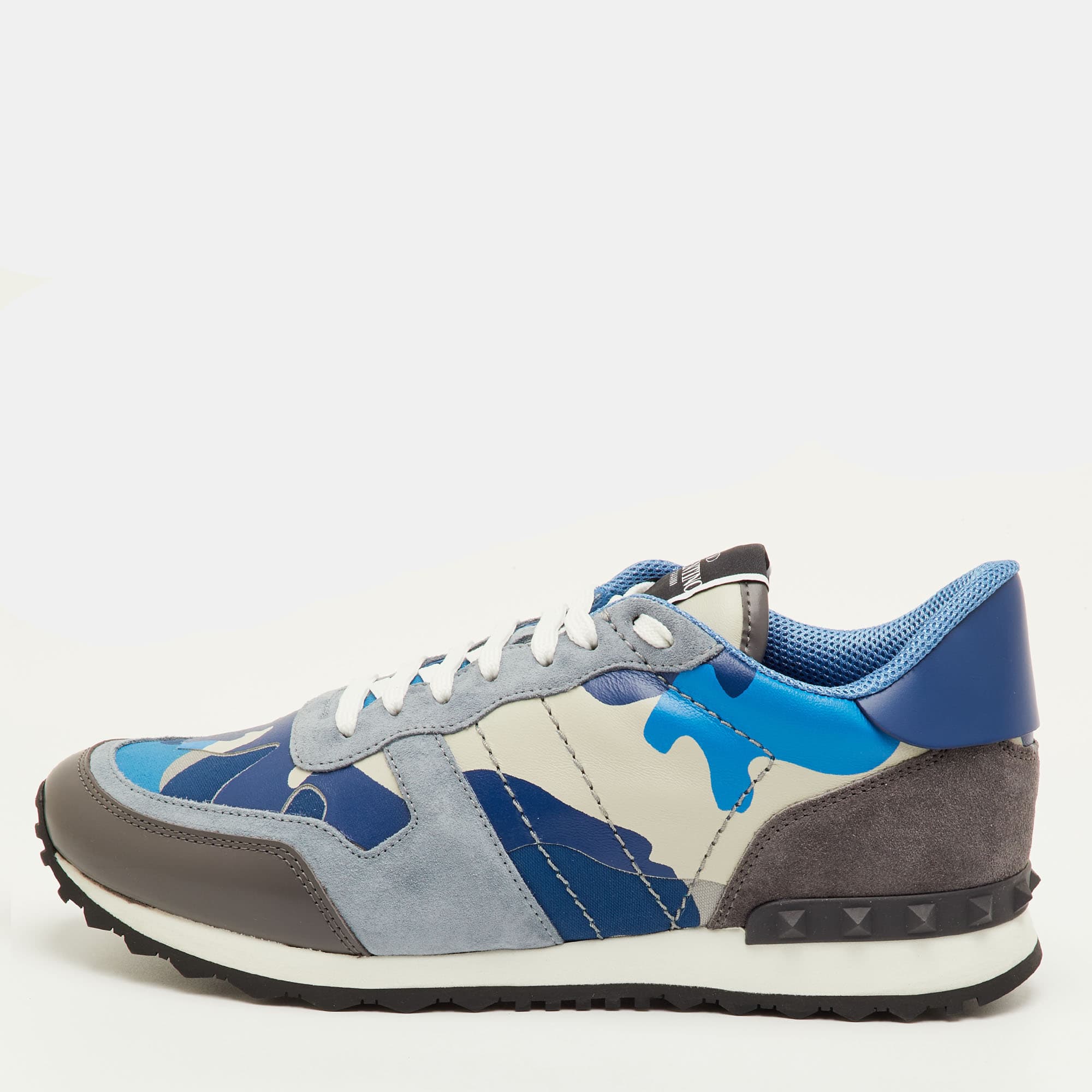 Valentino Rockrunner Size 41.5 Blue/Beige Camouflage Canvas, Leather and Suede Sneakers