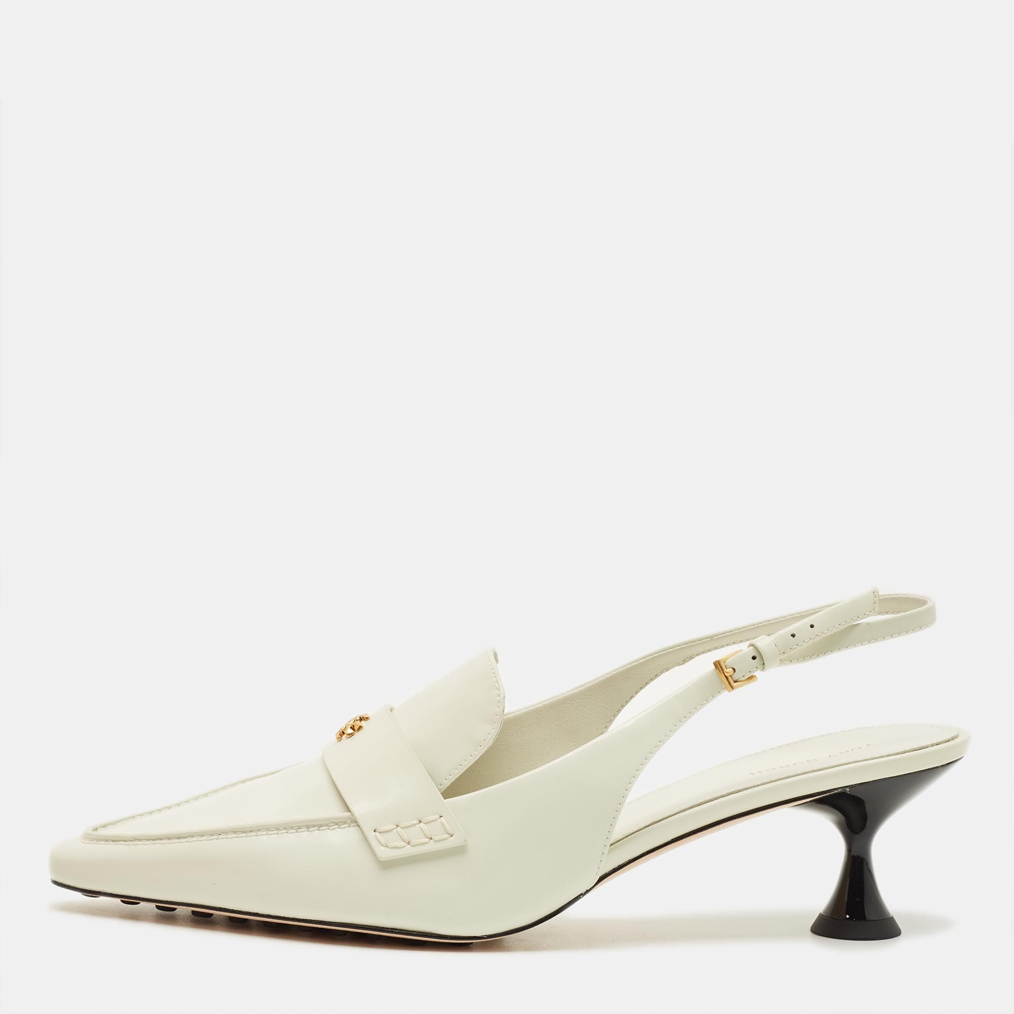 Tory Burch Size 41 White Brushed Leather Slingback Pumps
