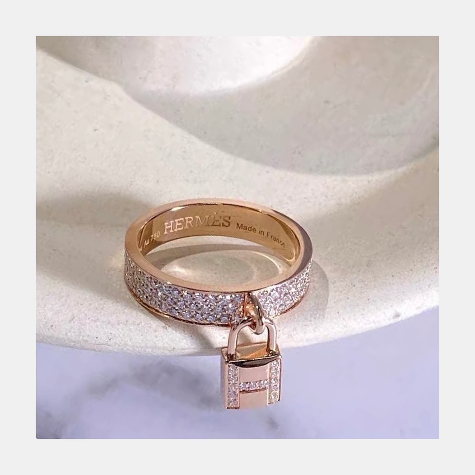 Hermes Clochette Lock Ring 18K Rose Gold Diamond Set Size 55