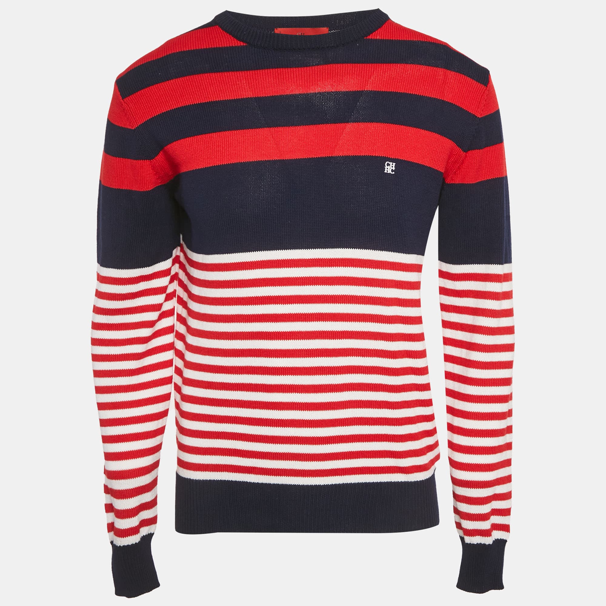 CH Carolina Herrera Red/Blue Rib Knit Crew Neck Sweater S