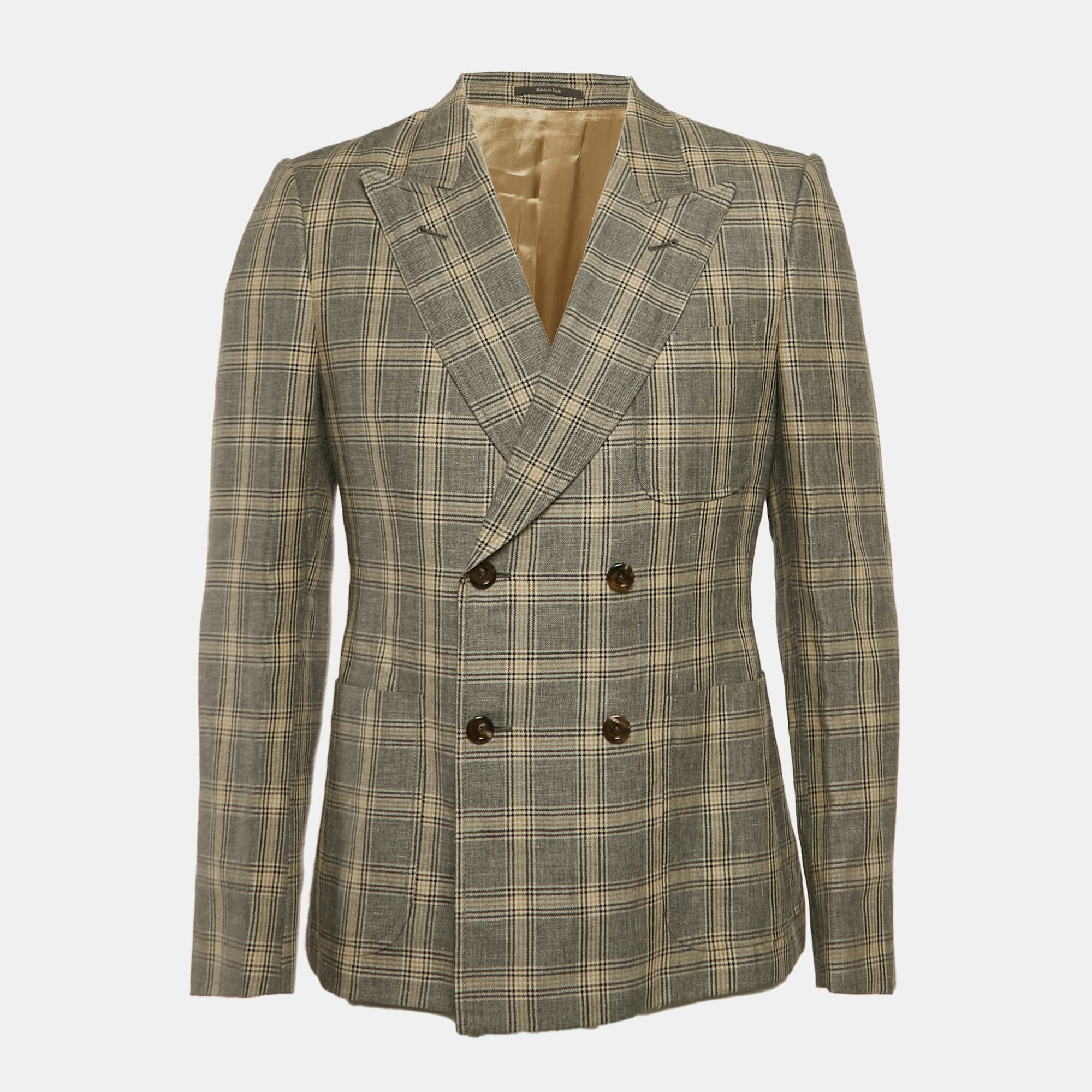Gucci Grey/Beige Check Pattern Wool Blend Double Breasted Jacket M