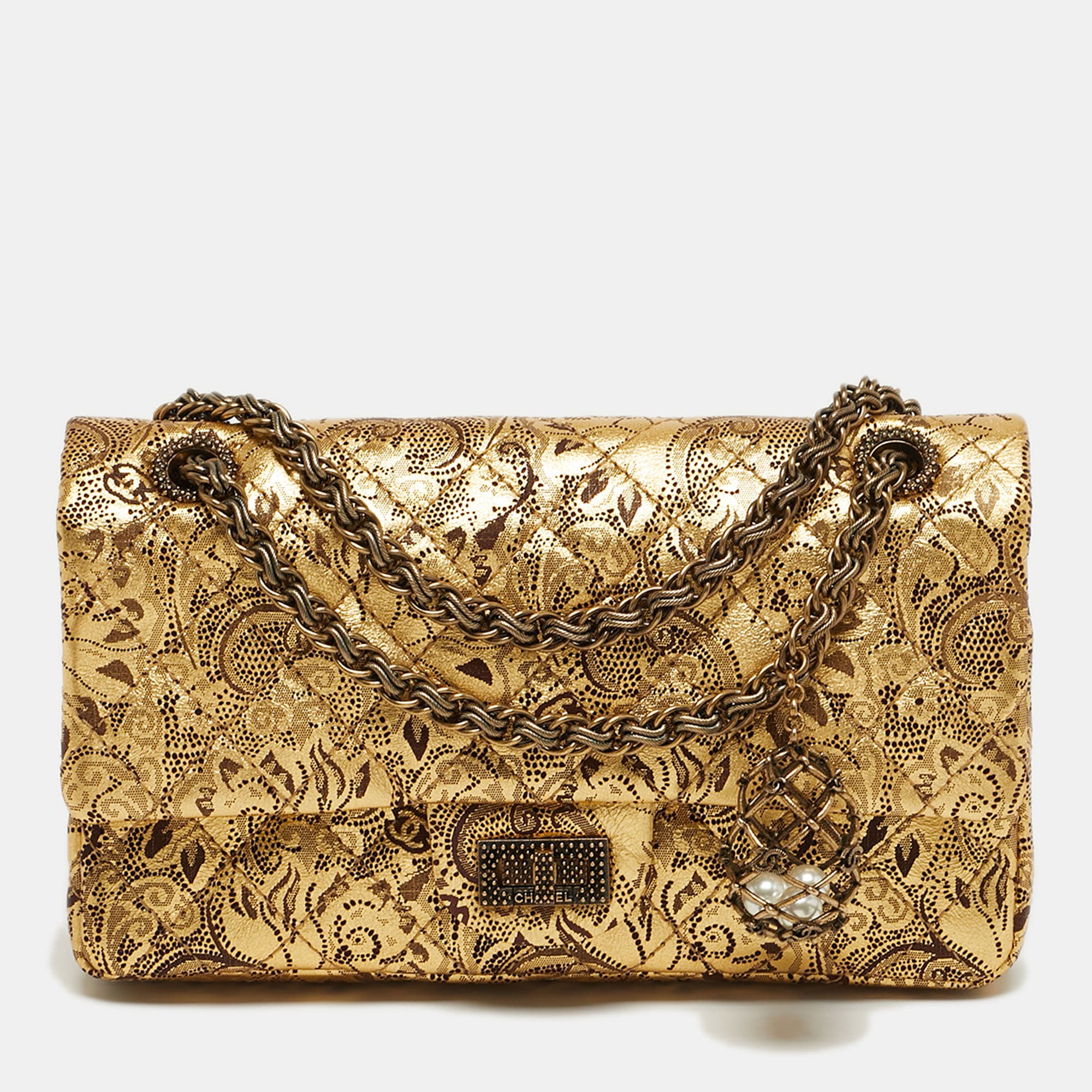 Chanel 2.55 Reissue 225 Gold Brocade Lace Painted Quilted Leather Flap Bag