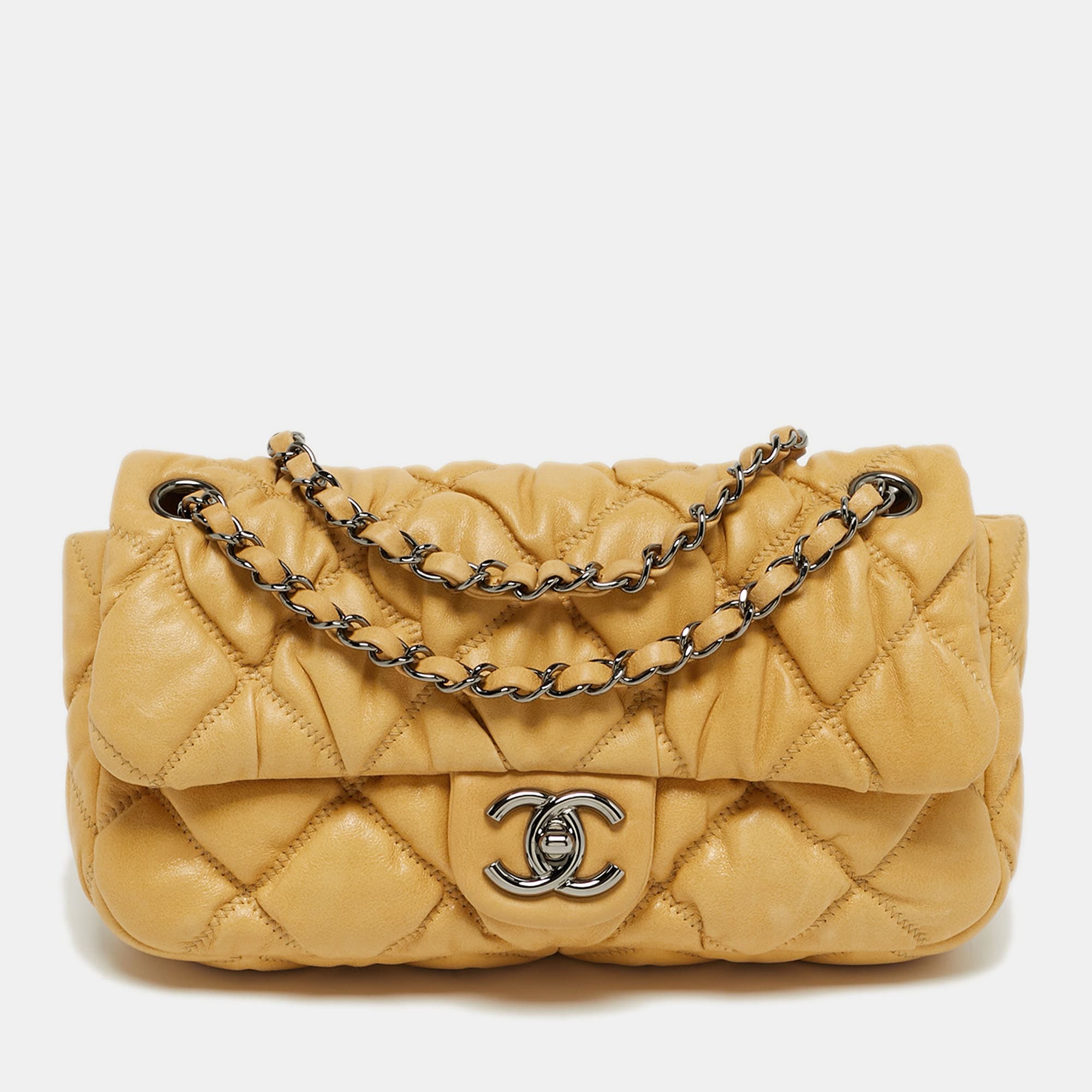 Chanel Small Yellow Bubble Quilted Leather Flap Bag