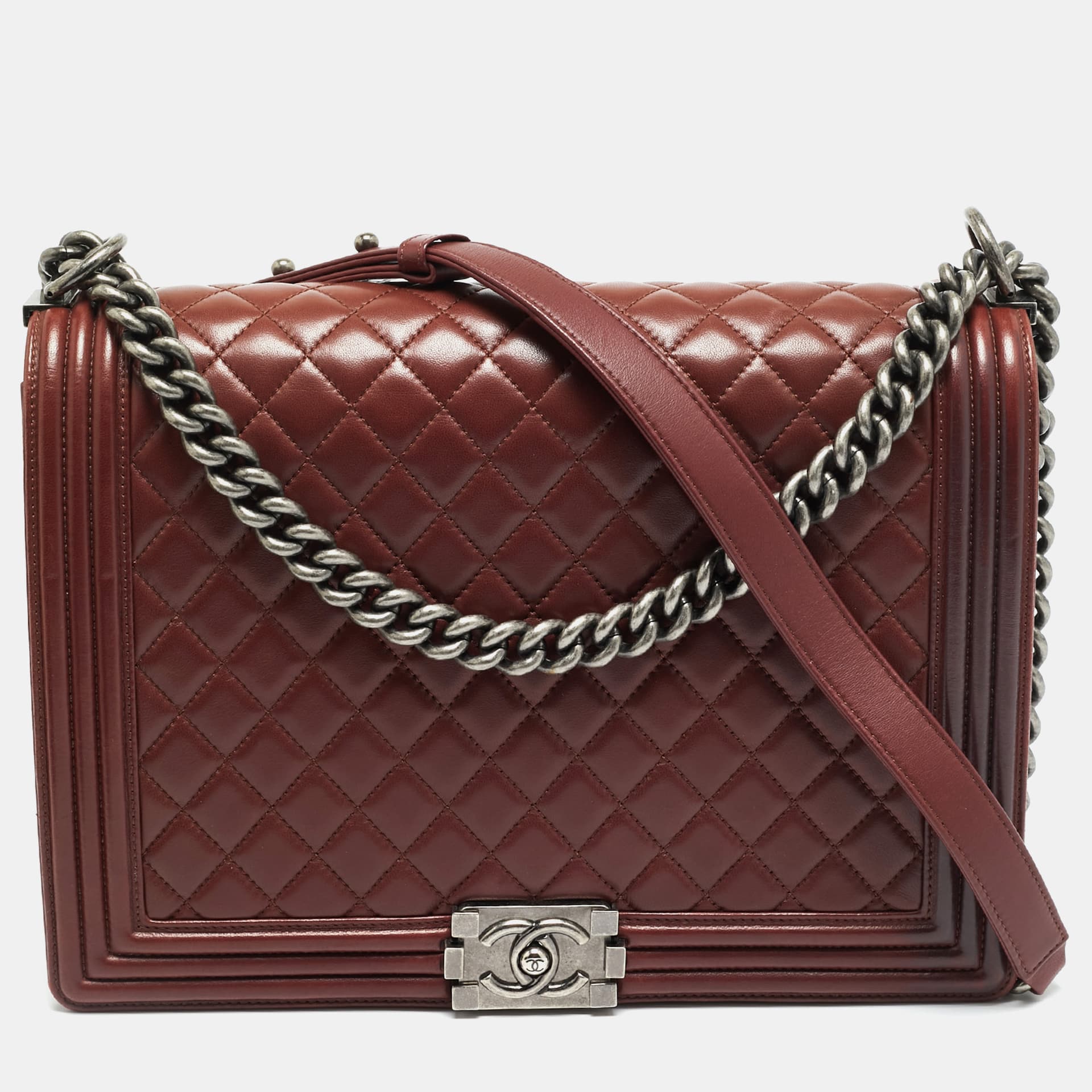 Chanel Boy Large Burgundy Quilted Lambskin Leather Flap Bag